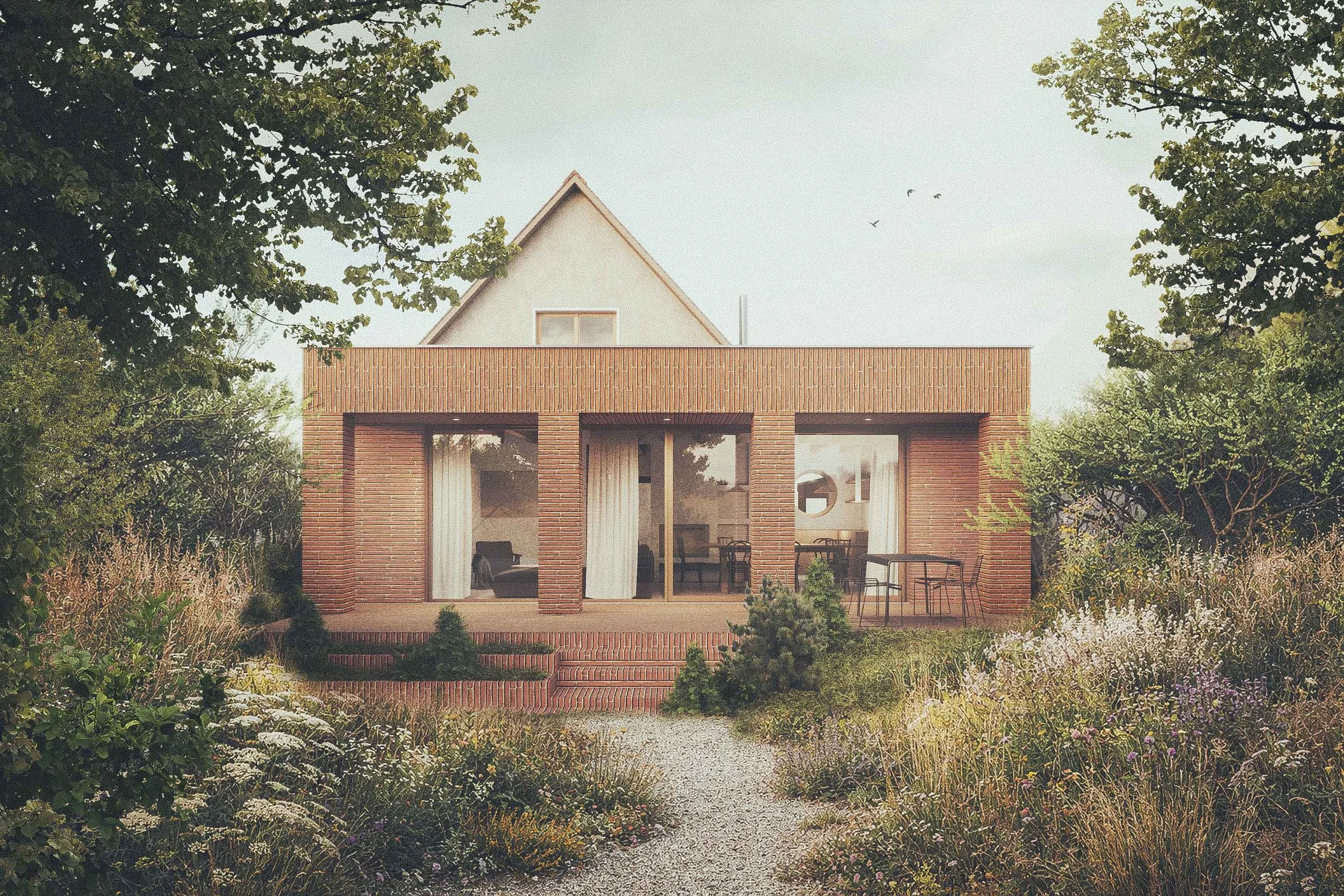 Modern house with large glass doors, brick exterior, and a terrace, surrounded by trees and landscaped garden.
