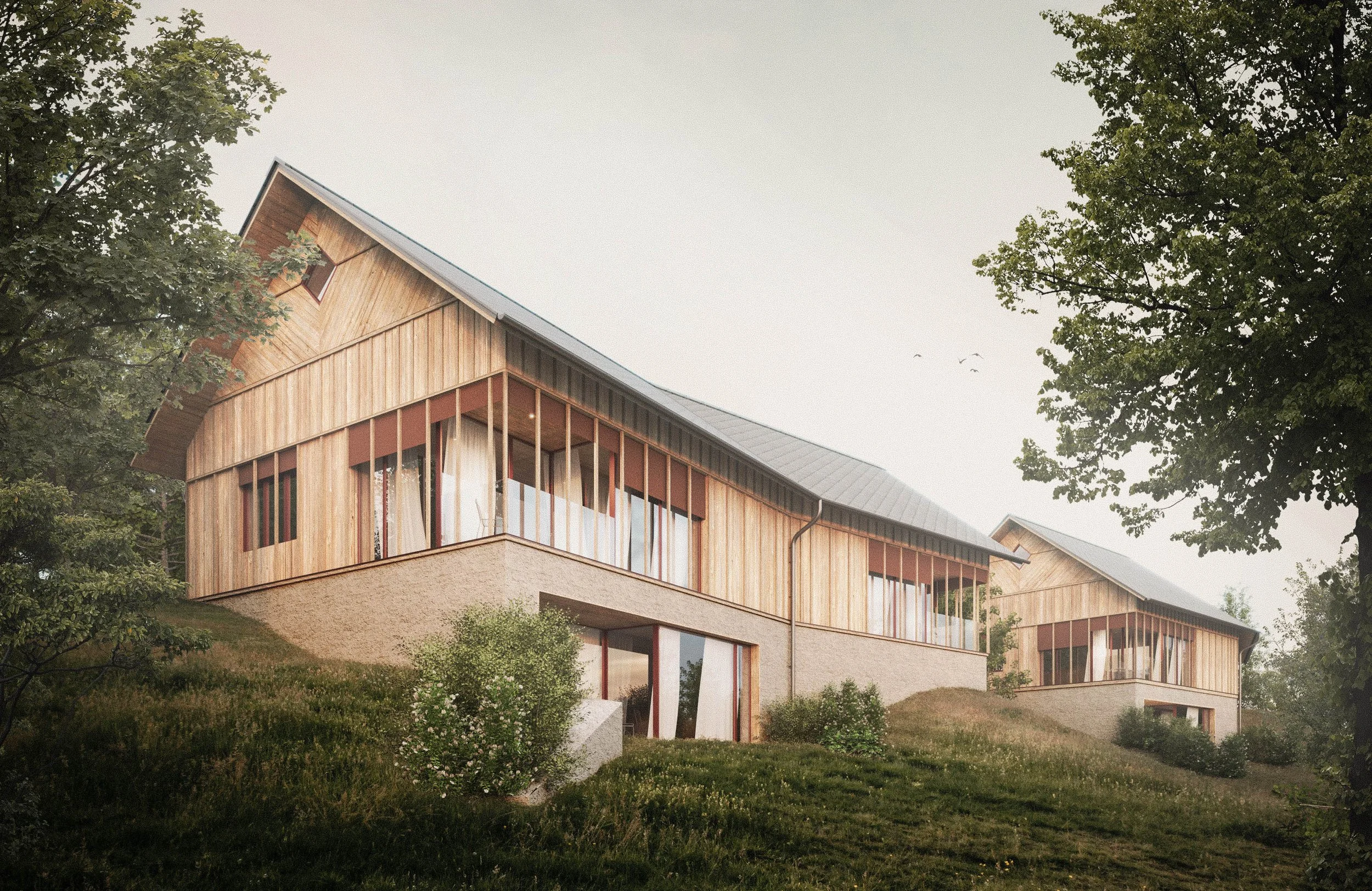 Modern multi-story house surrounded by trees and greenery, with large windows and wooden exterior.