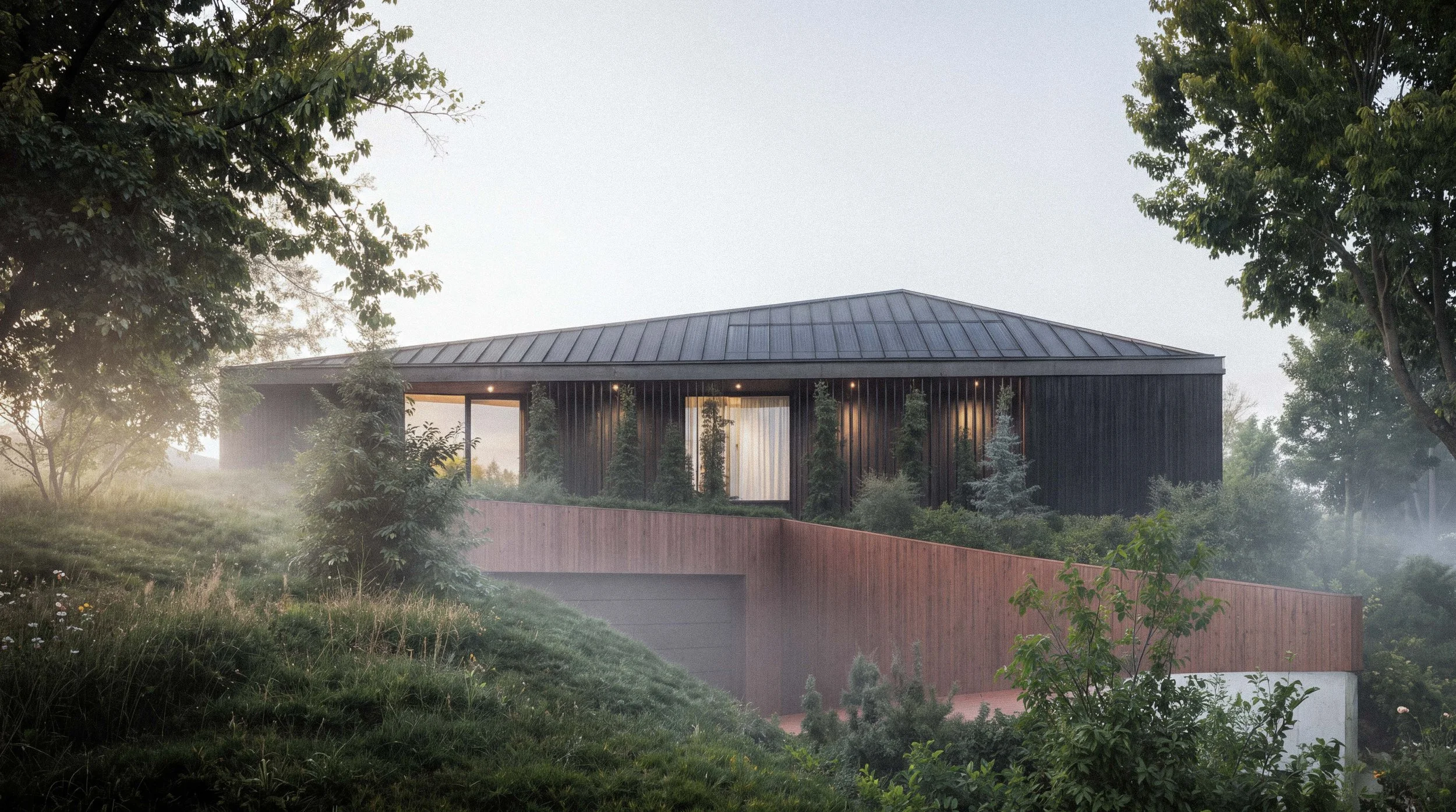 Modern dark-colored house with a metal roof, surrounded by trees and greenery, with a foggy outdoor setting.