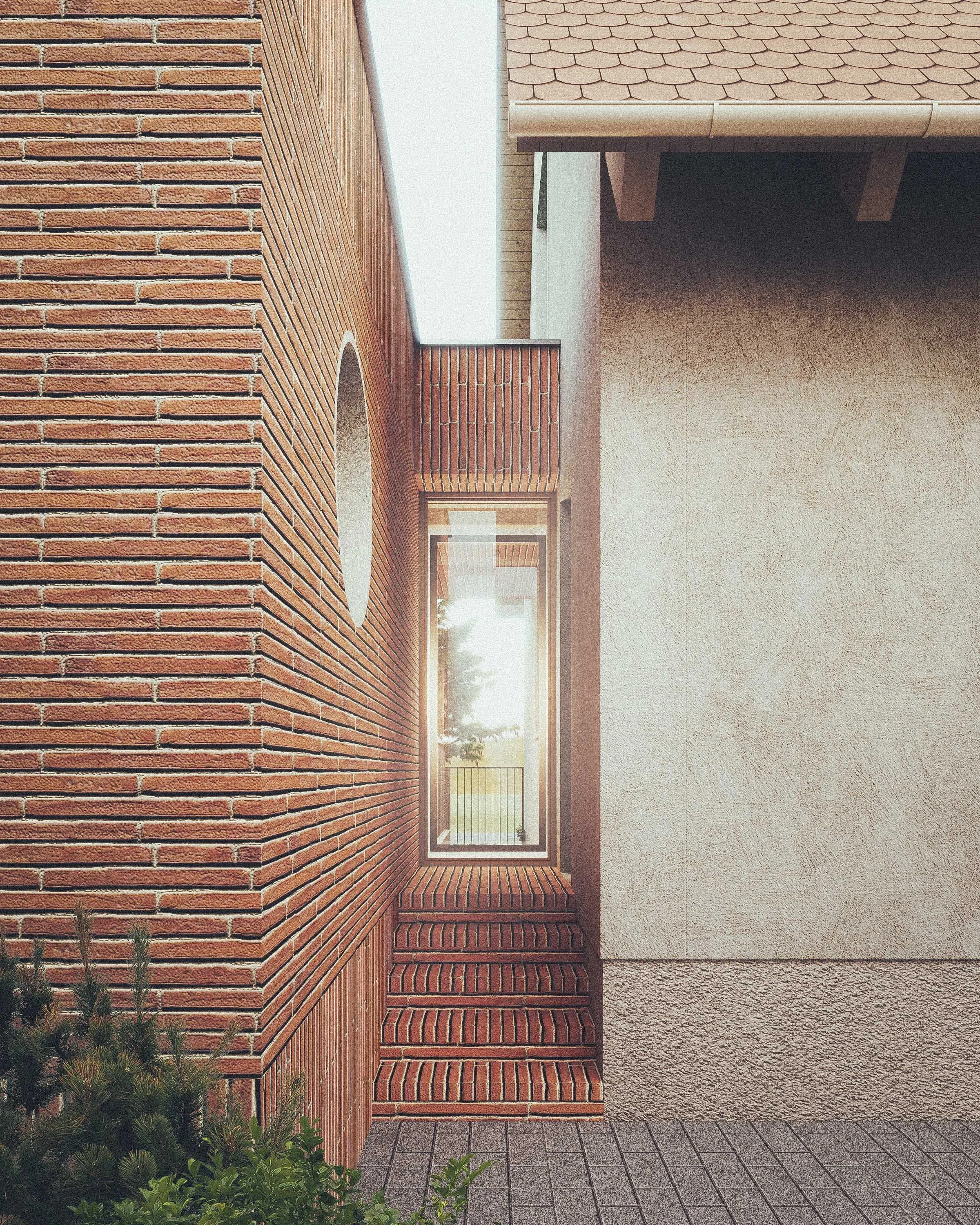 Photo of a modern building exterior with brick and stucco walls, a window with a balcony, and a tiled roof, taken from a low angle.