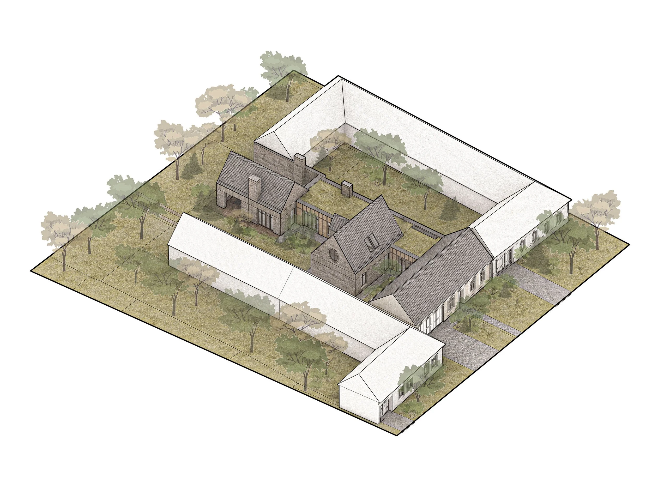 A 3D architectural illustration of a house with a courtyard, surrounded by trees and a white boundary wall.
