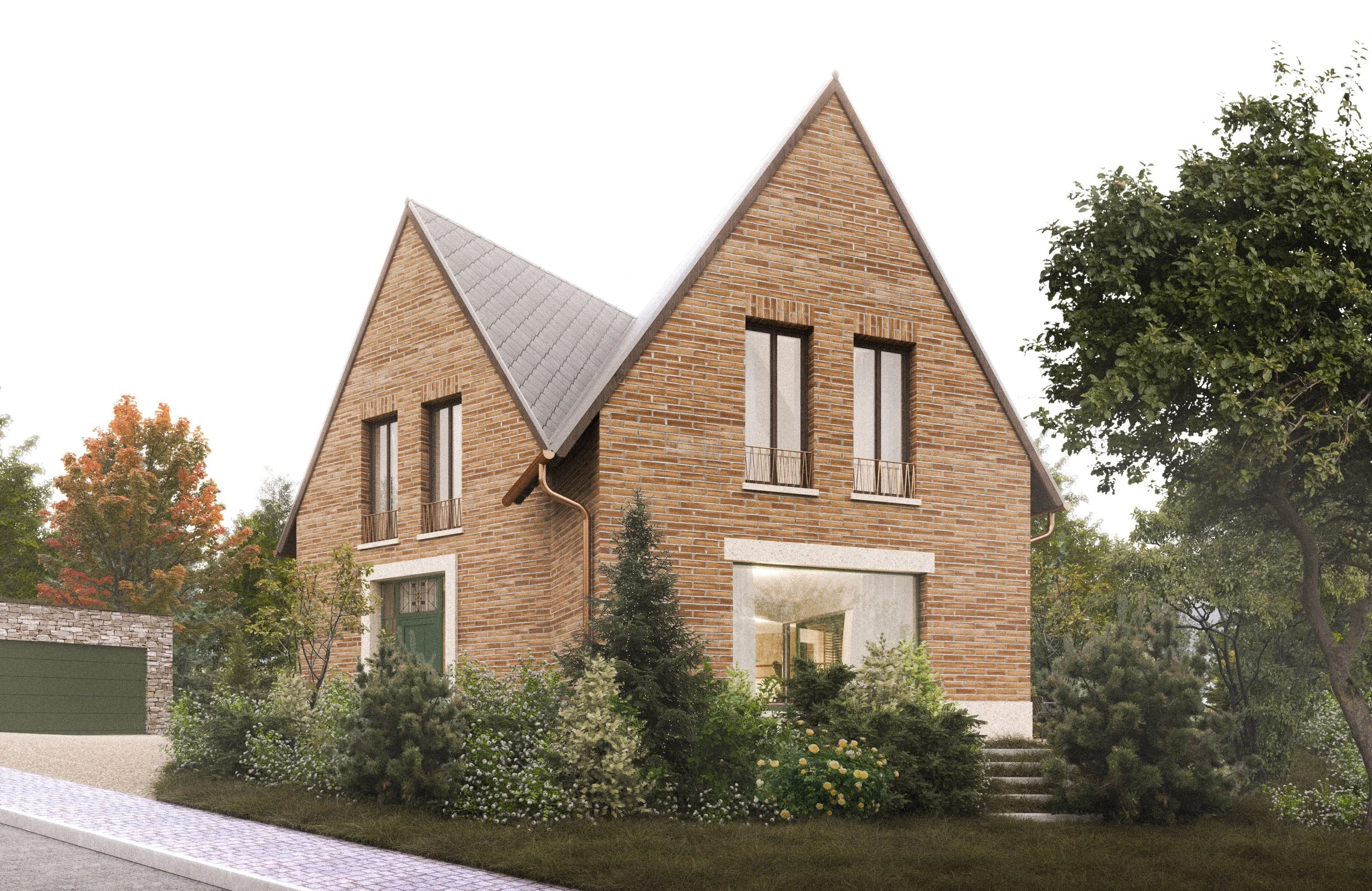 A brick house with steep gabled roofs, large windows, and a landscaped garden with various bushes and trees.