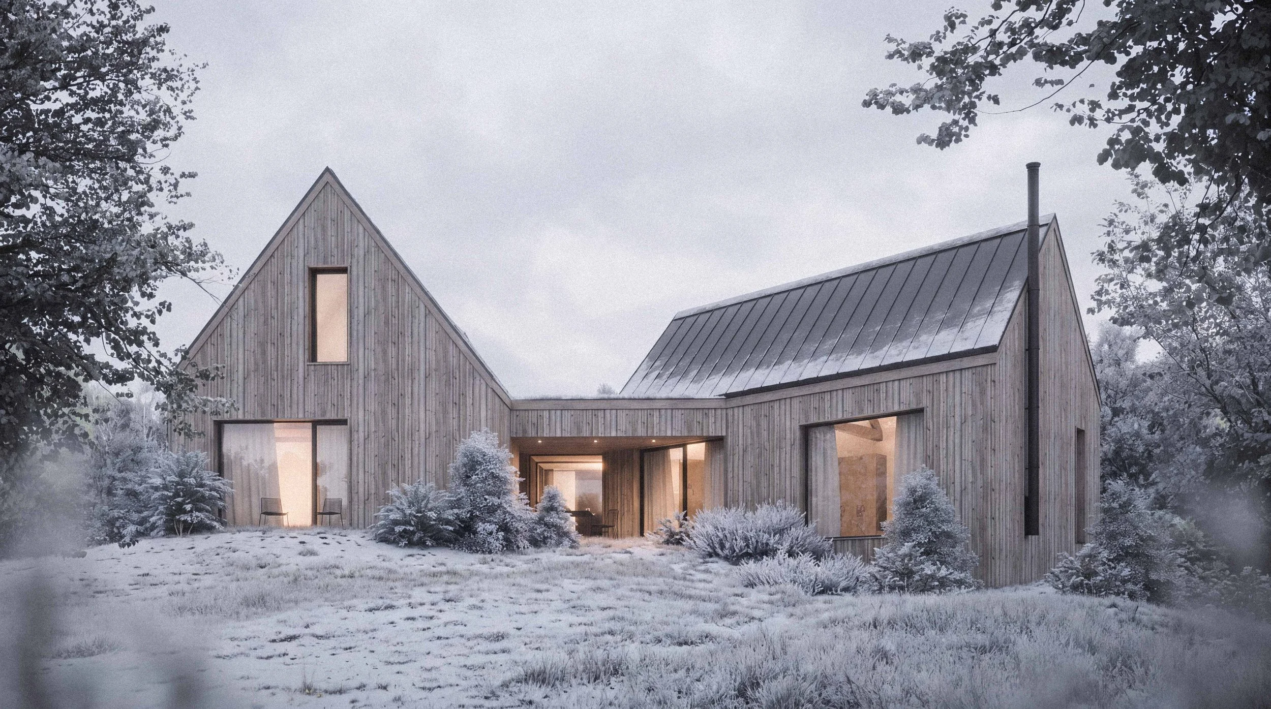 Modern wooden house with large windows, located in a snowy landscape surrounded by trees with snow-covered bushes.