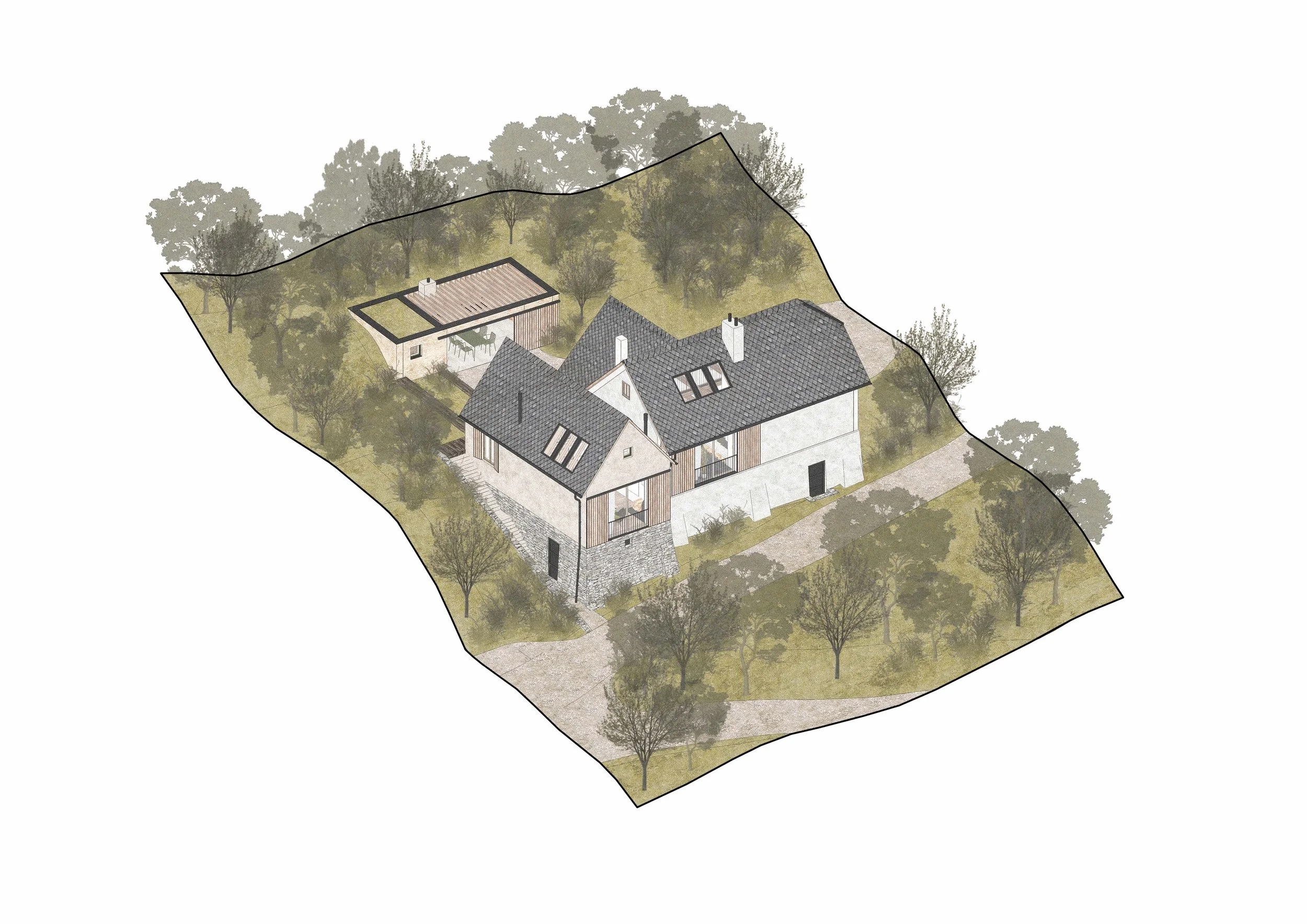 A 3D digital rendering of a house on a landscaped lot with trees and pathways.