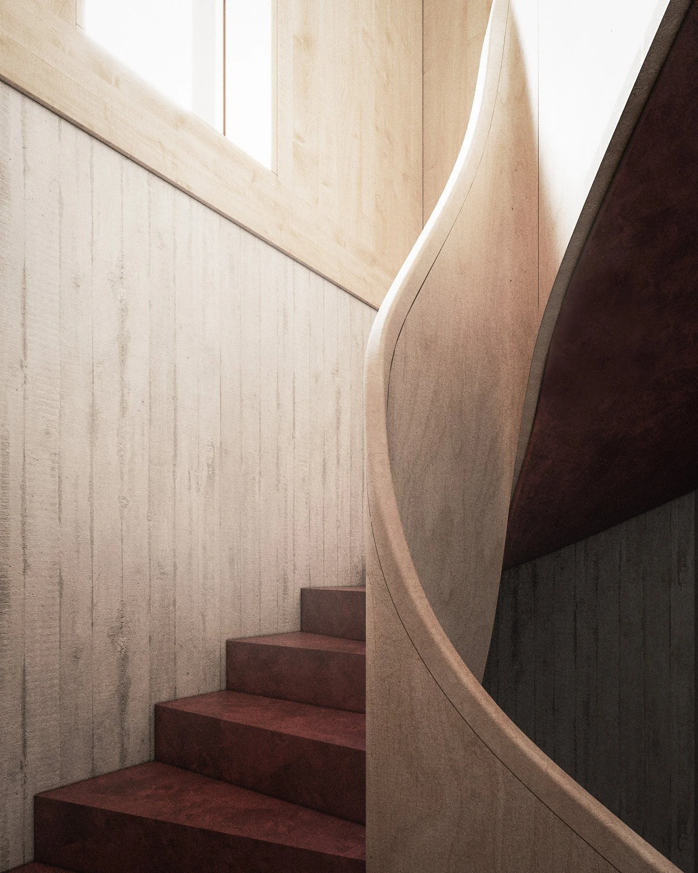 Interior of a modern staircase with wooden steps, a curved beige handrail, and light-colored wooden paneling on the wall, with a window allowing natural light.