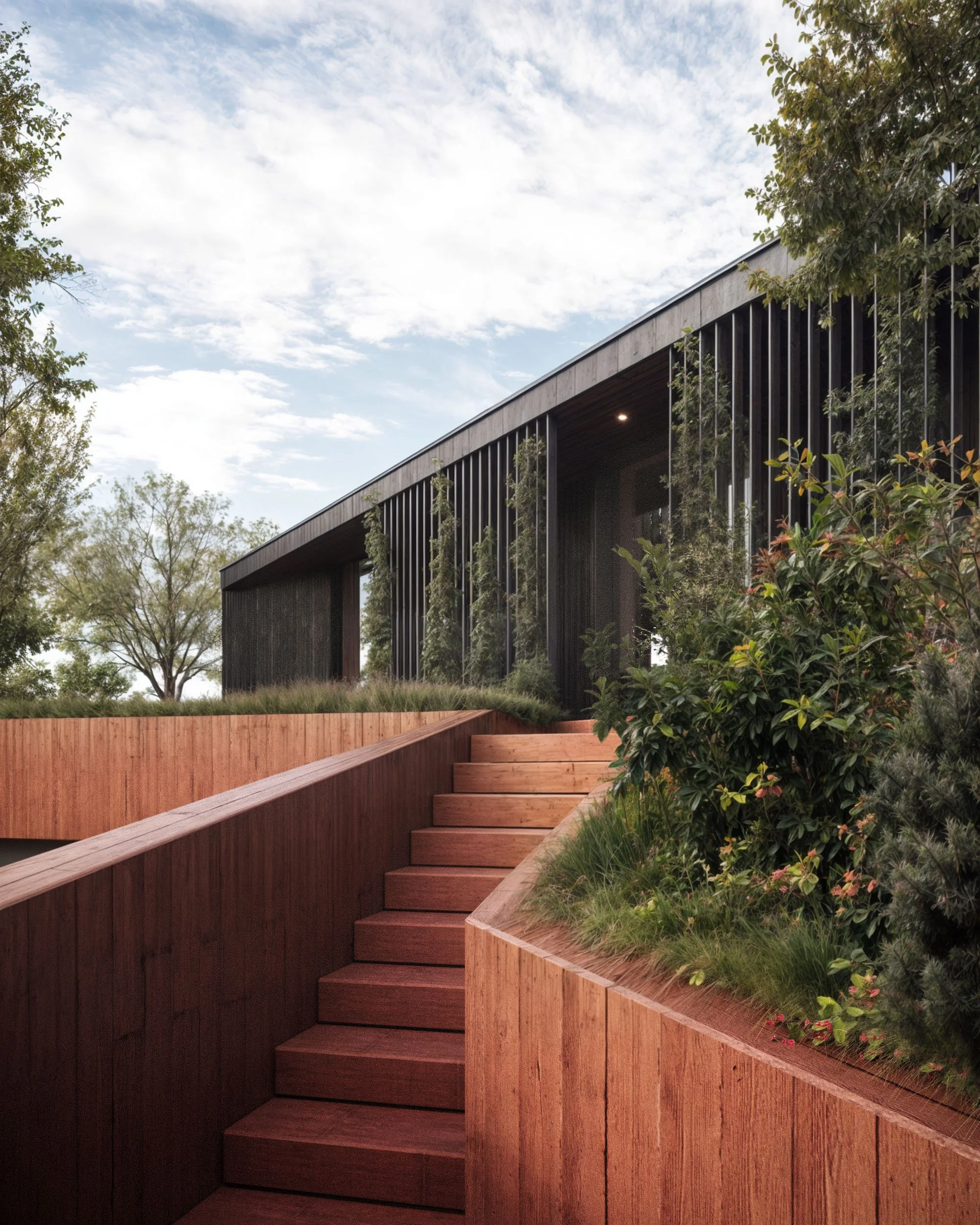 Modern building with dark vertical slats and lush landscaping, wooden steps in foreground, trees and a partly cloudy sky in background.
