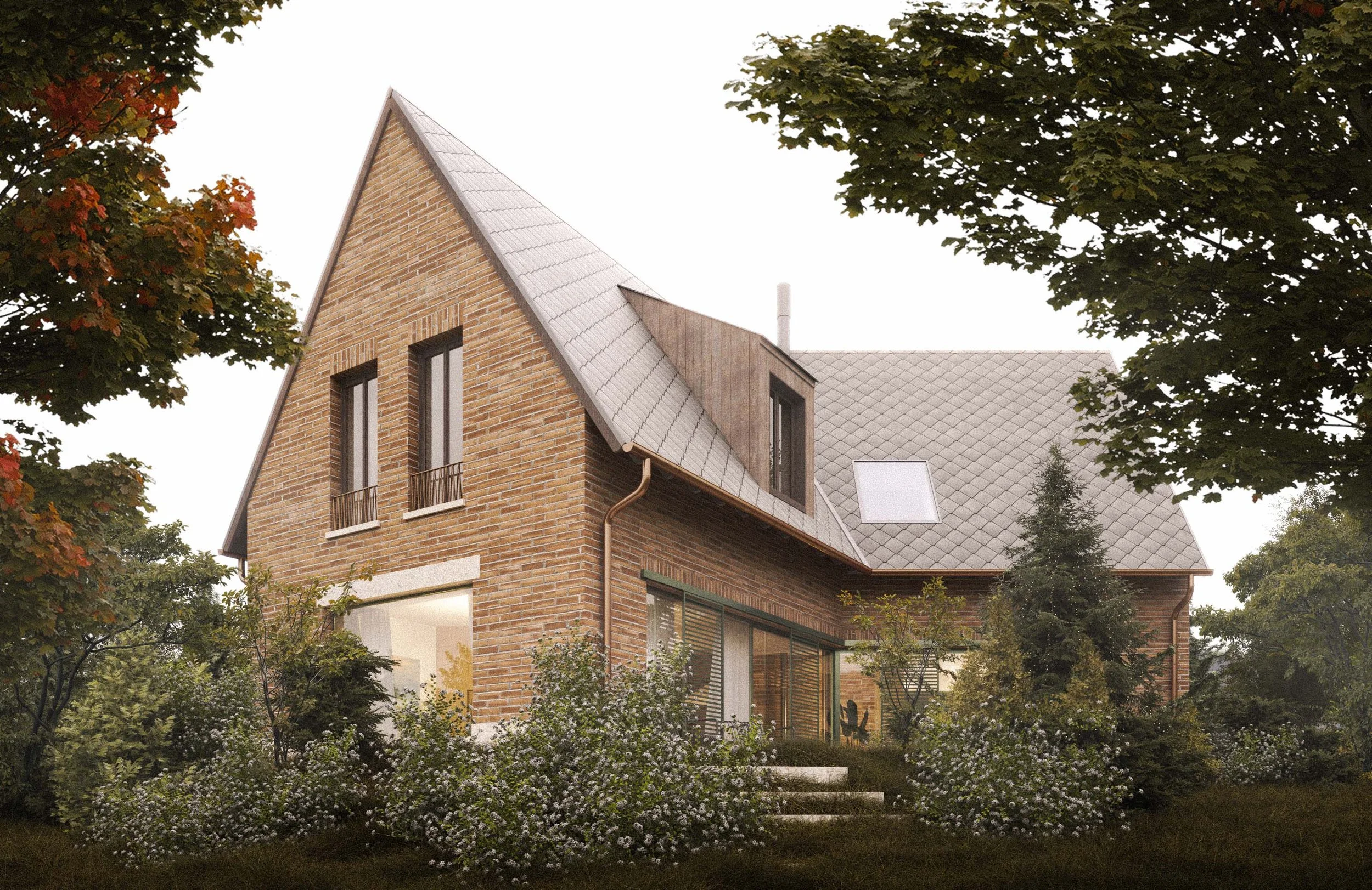A brick house with a steep gable roof, surrounded by trees and plants, under an overcast sky.