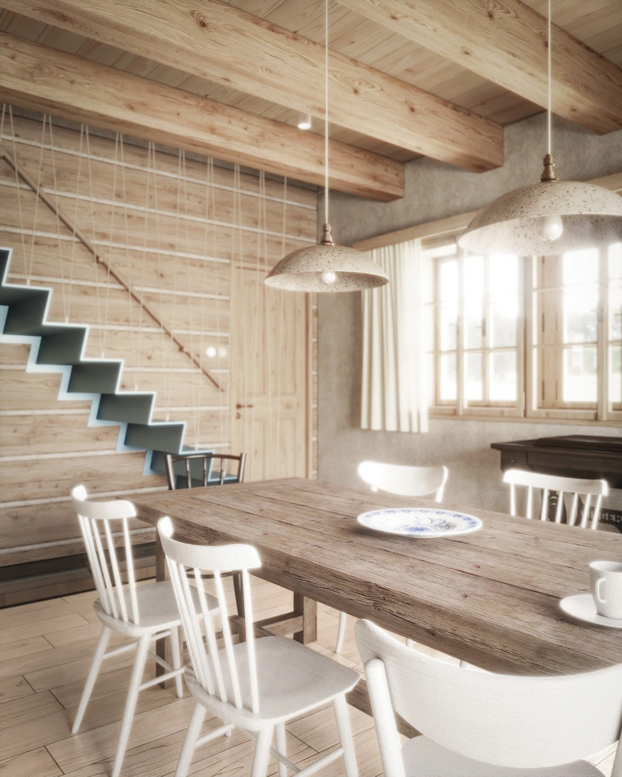 Wooden dining table with white chairs, decorative plate, pendant lights, and large windows with curtains in a bright dining area.
