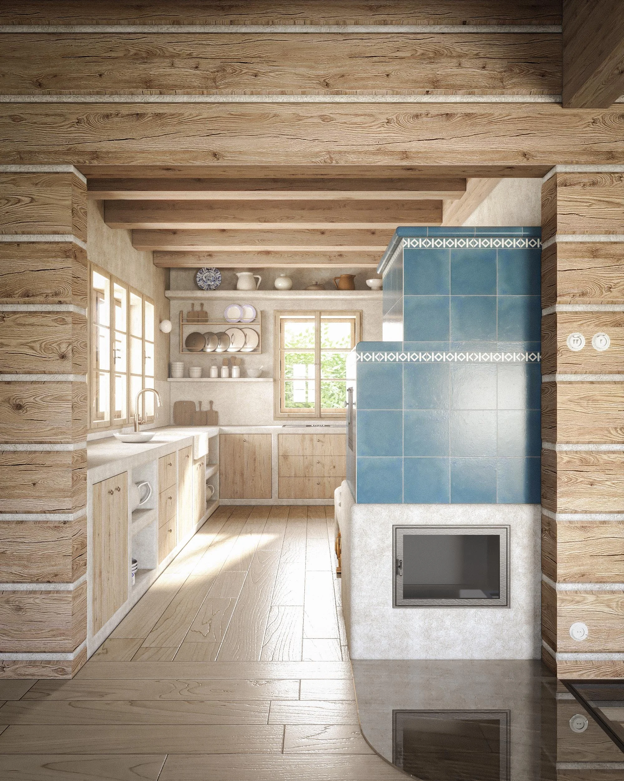 A cozy rustic kitchen featuring wooden beams on the ceiling, wooden cabinets, and a backsplash with blue tiles and white decorative trim. The kitchen has a window letting in natural light, shelves with dishware, and a kitchen island with a light-colored countertop.