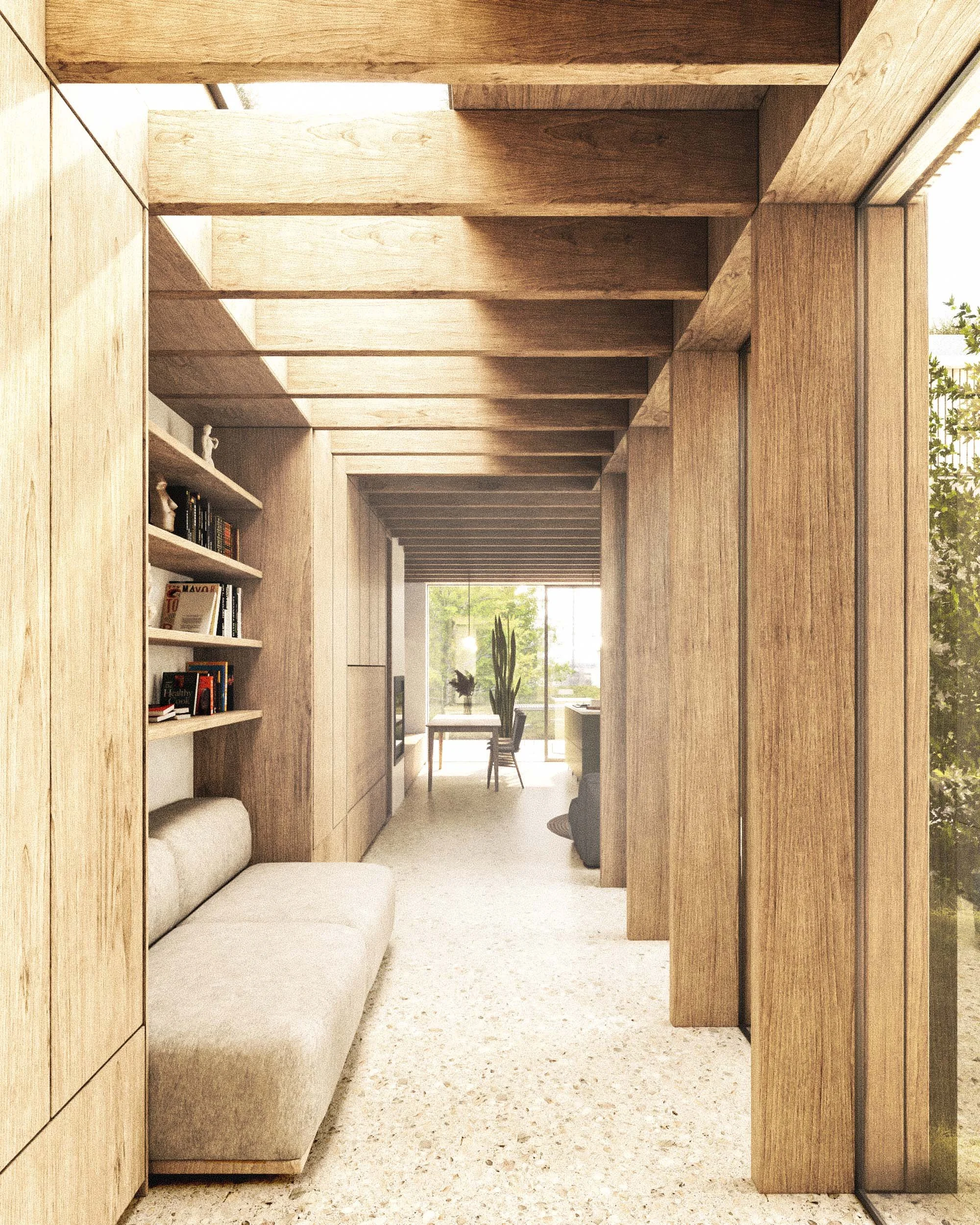 Overhead view of a modern living room with light wood furniture, a beige sofa, a bookshelf filled with books, and a window with greenery outside.