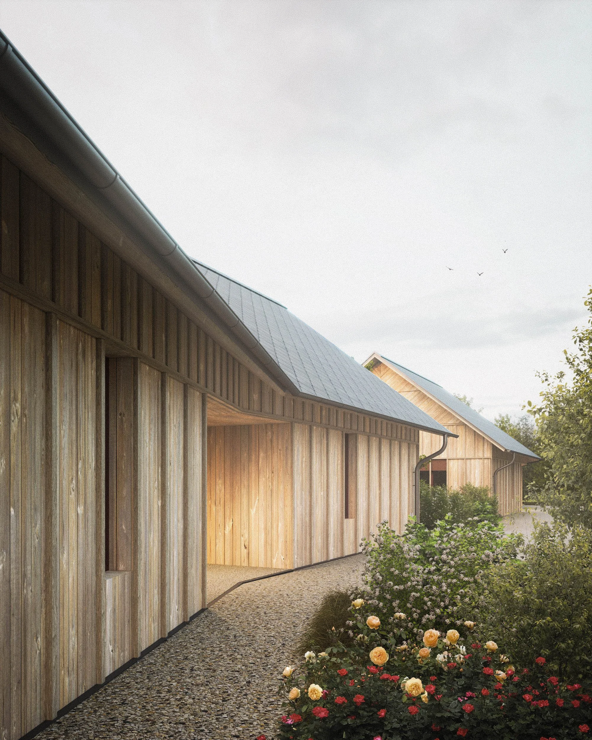 A modern building with vertical wooden siding, a metal roof, and a small garden with flowering plants in front, with a gravel pathway leading to the entrance and trees in the background.