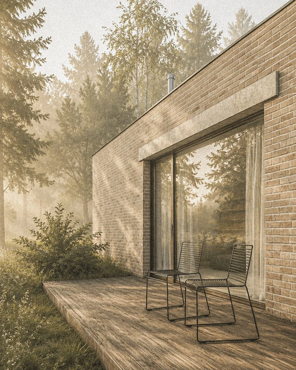 A modern brick house with a wooden deck, patio chairs, and large glass sliding doors, surrounded by trees and fog.