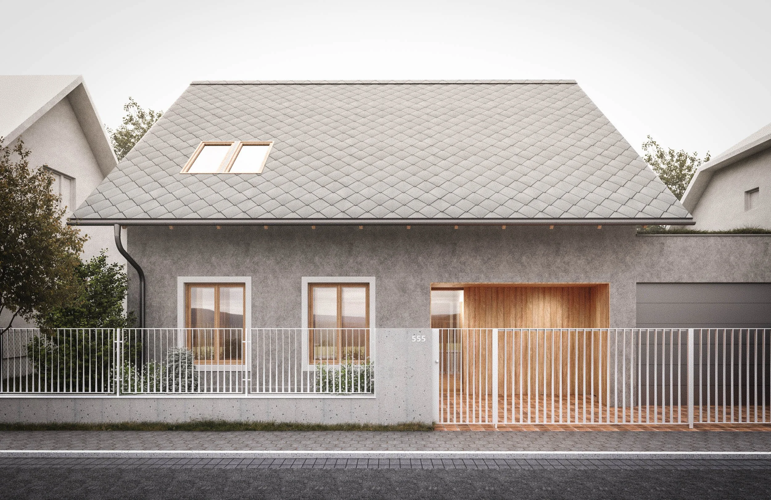 A modern house with a gray roof and large windows, surrounded by a white fence and wooden gate, on a city street.