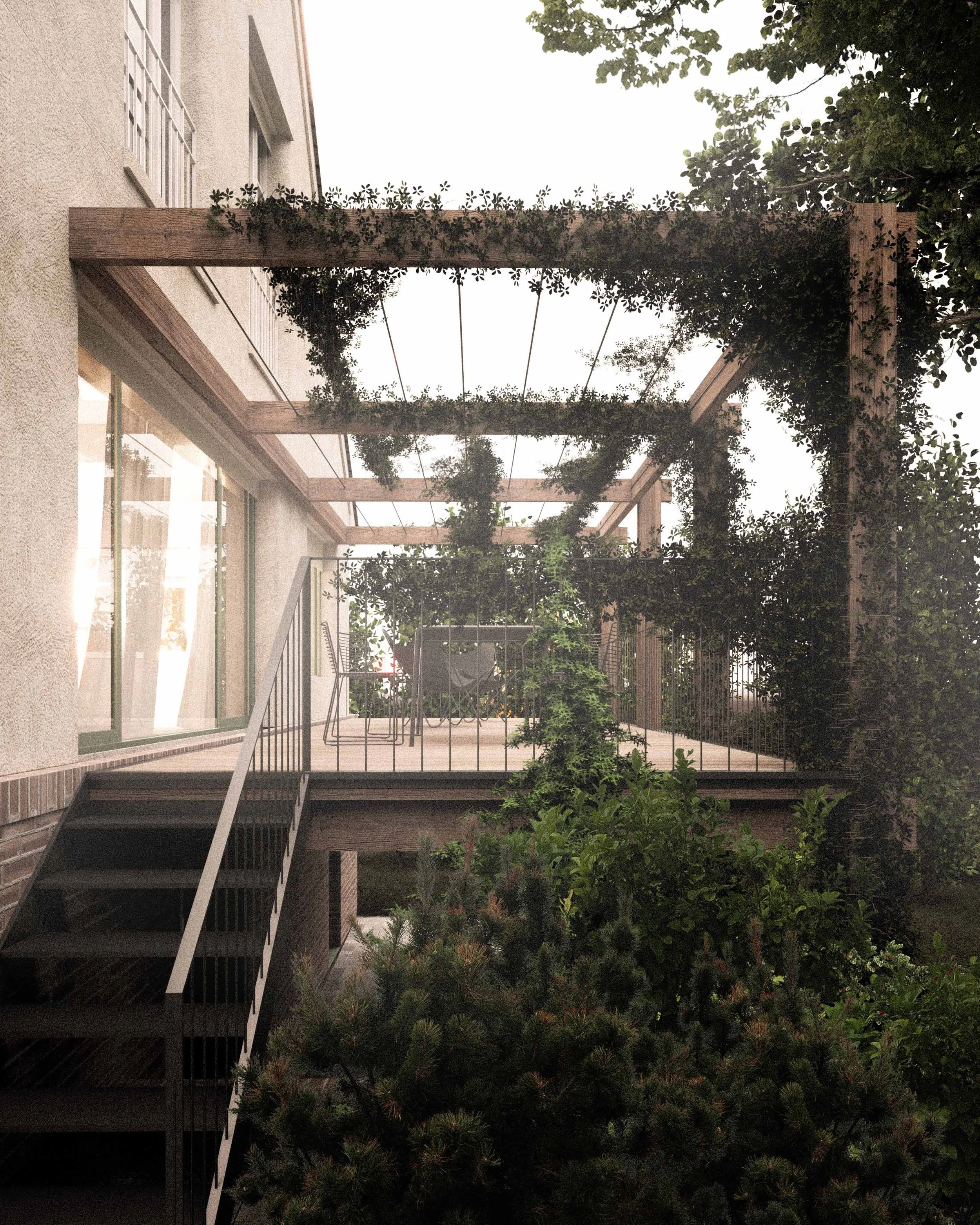 A garden patio with a wooden pergola covered in climbing plants, adjacent to large glass doors on a house exterior, with lush landscaping including bushes and trees.