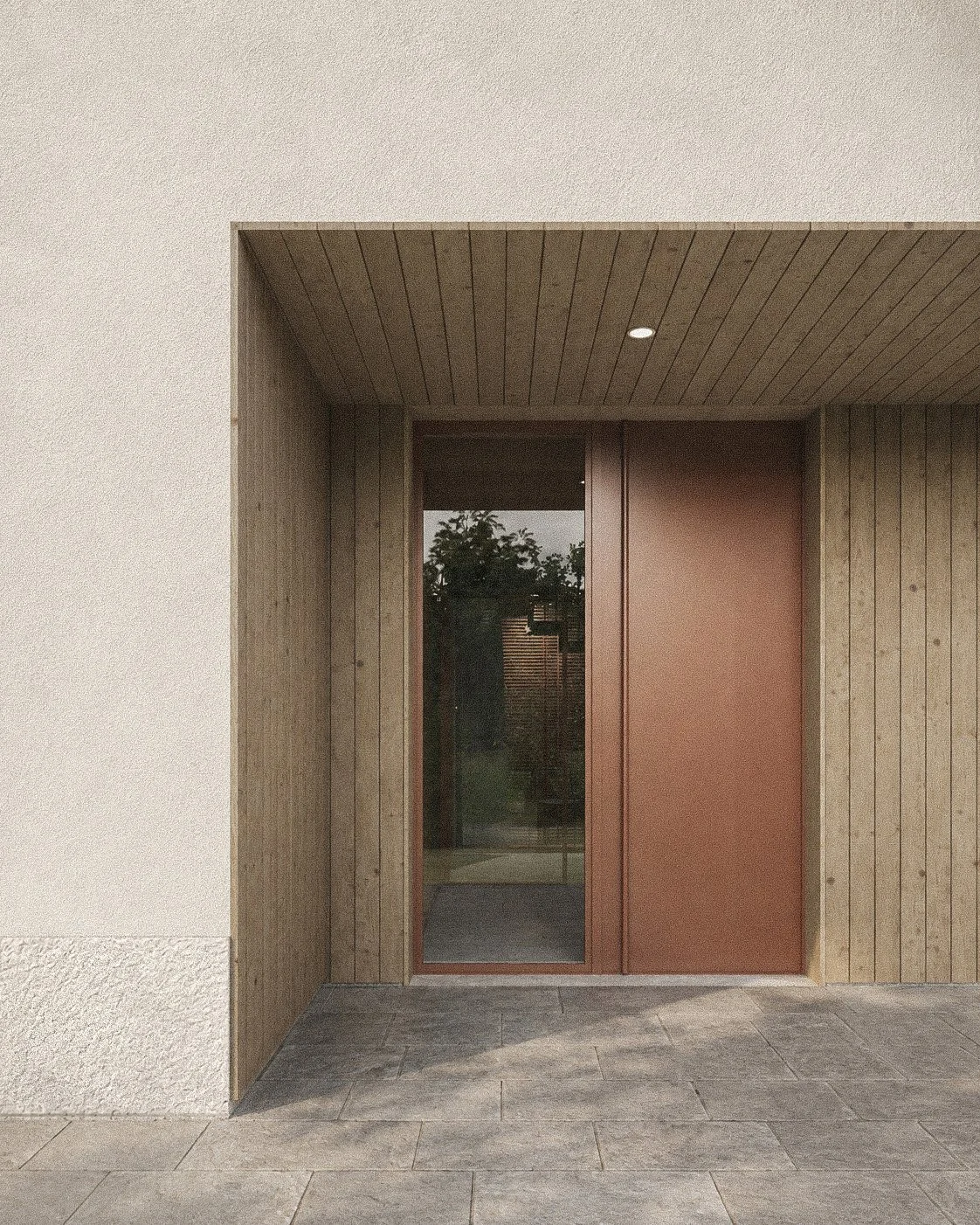 Modern front door with glass and brown panels, framed by wooden siding, in a minimalistic building exterior.