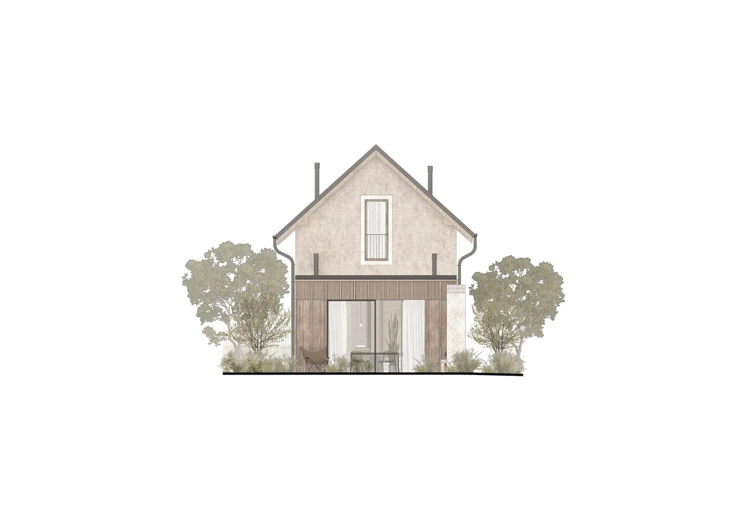 A modern two-story house with a gabled roof, large glass sliding doors in the front, surrounded by trees and shrubbery, with patio furniture outside.