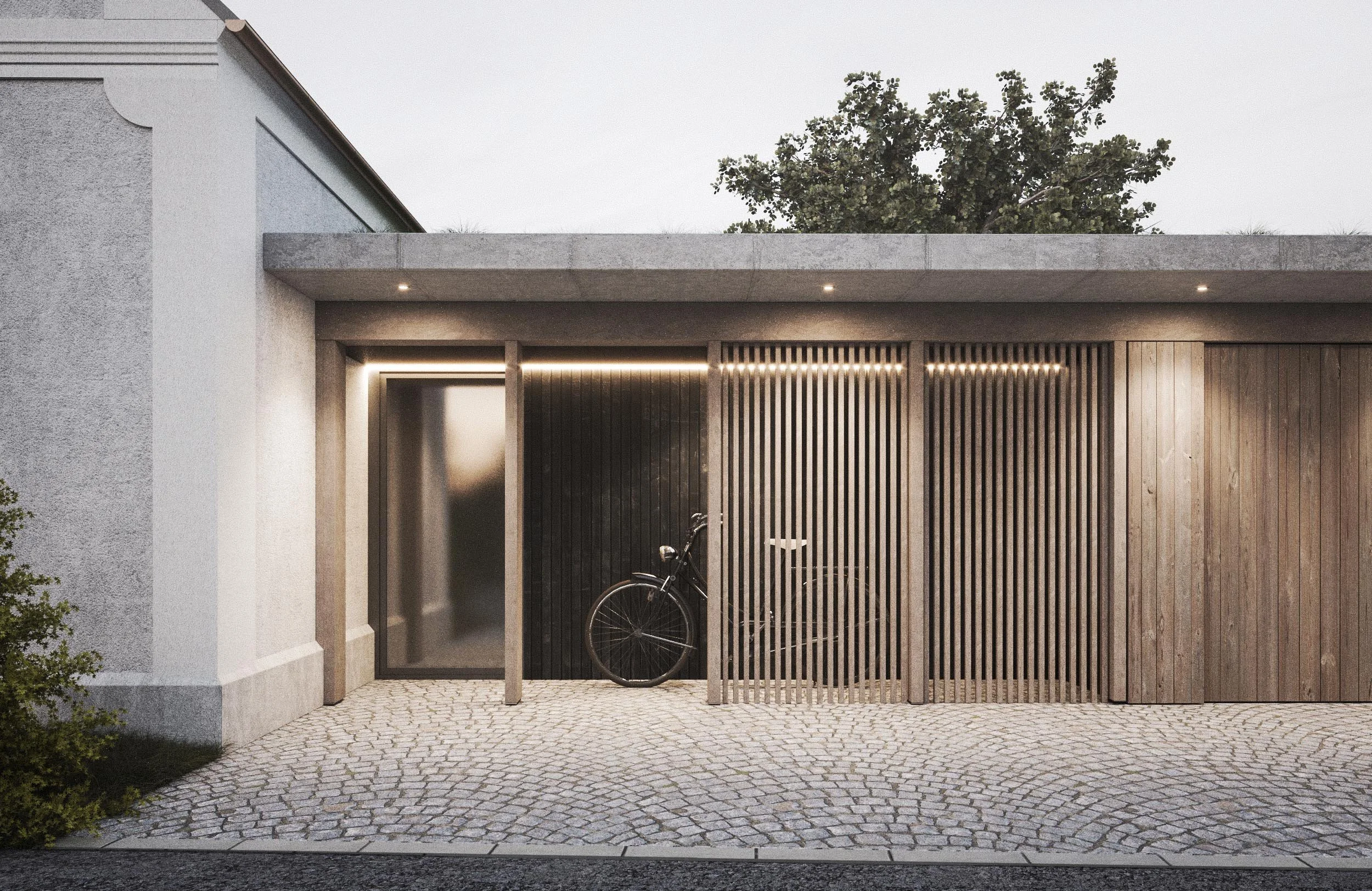 Modern house entrance with wooden slats, bicycle, and cobblestone driveway, dusk lighting, tree behind