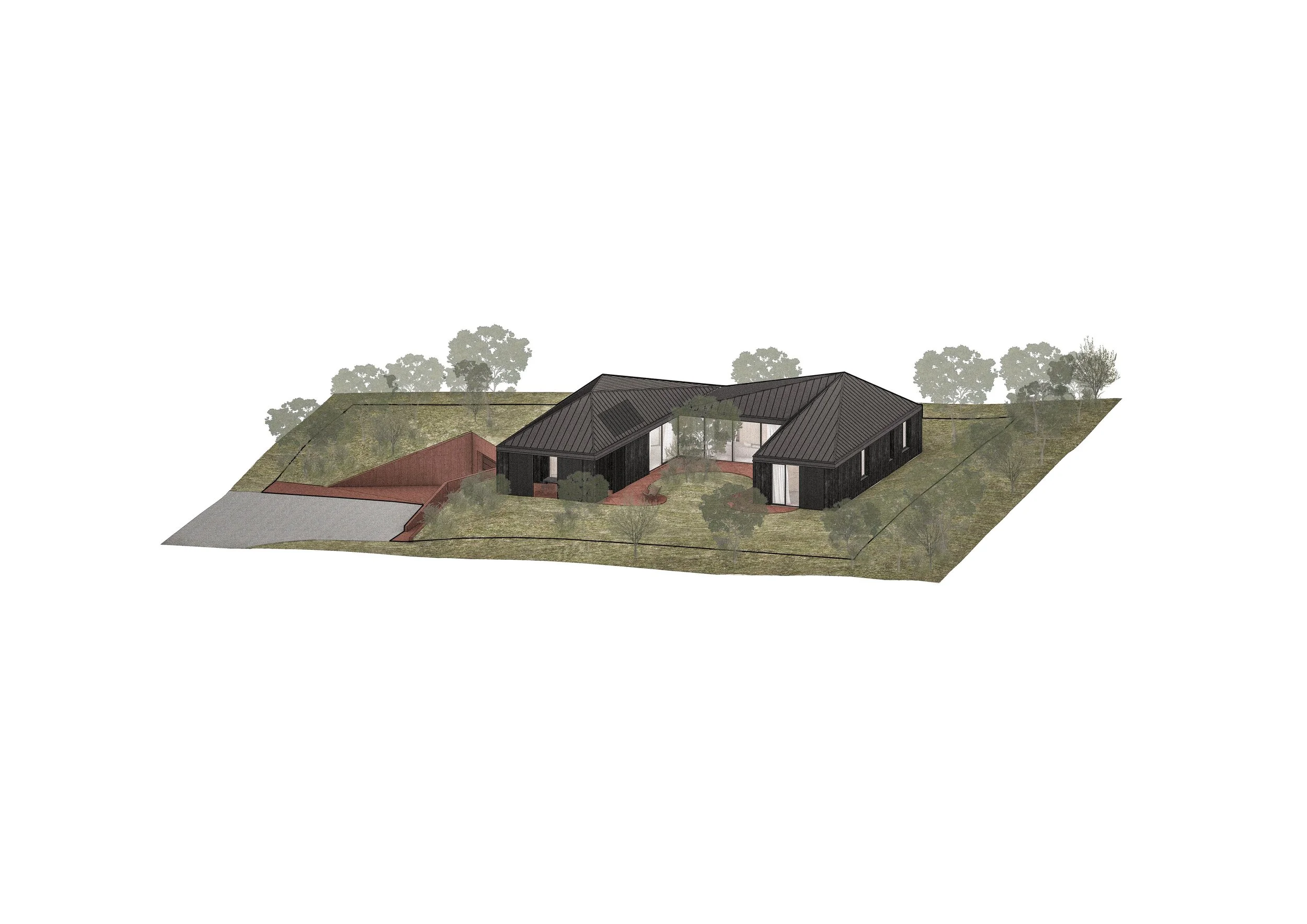 A modern black house with large windows and a sloped roof, surrounded by trees and landscape, on a hillside.