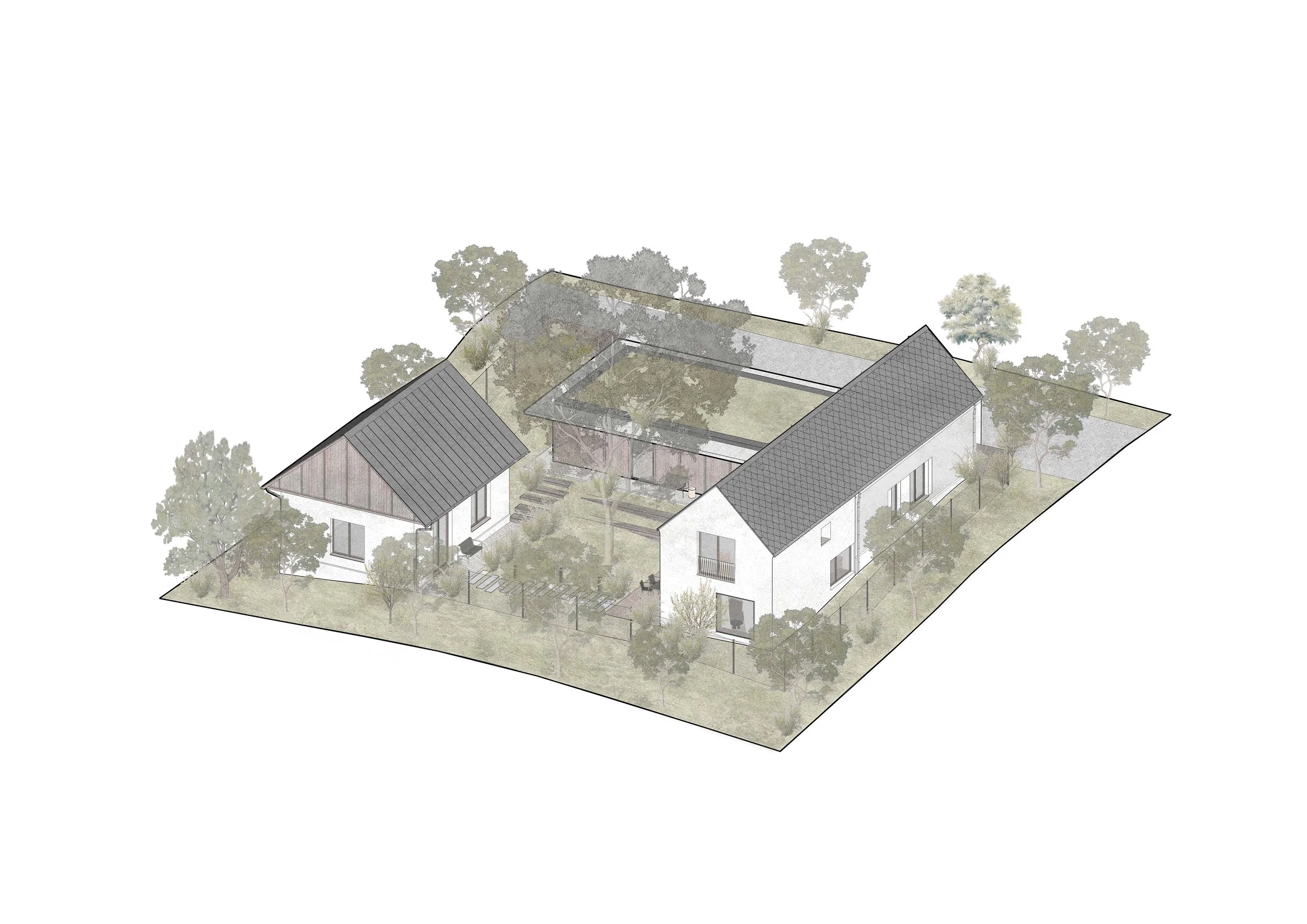 Aerial view of a modern residential property with multiple houses, trees, and landscaped yards.