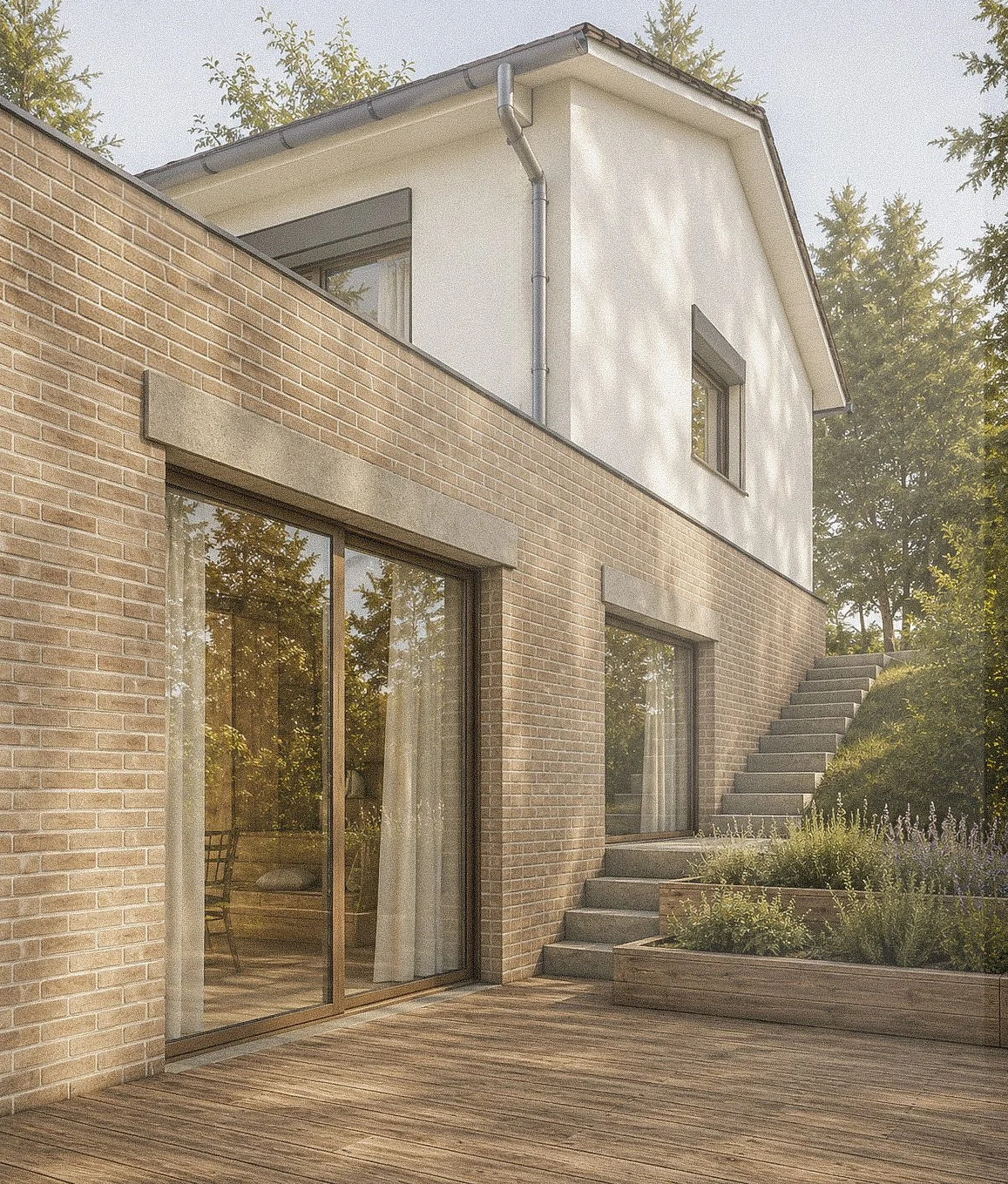 Modern house with brick and white exterior, large glass sliding doors, and outdoor wooden deck with stairs leading up to a garden area.