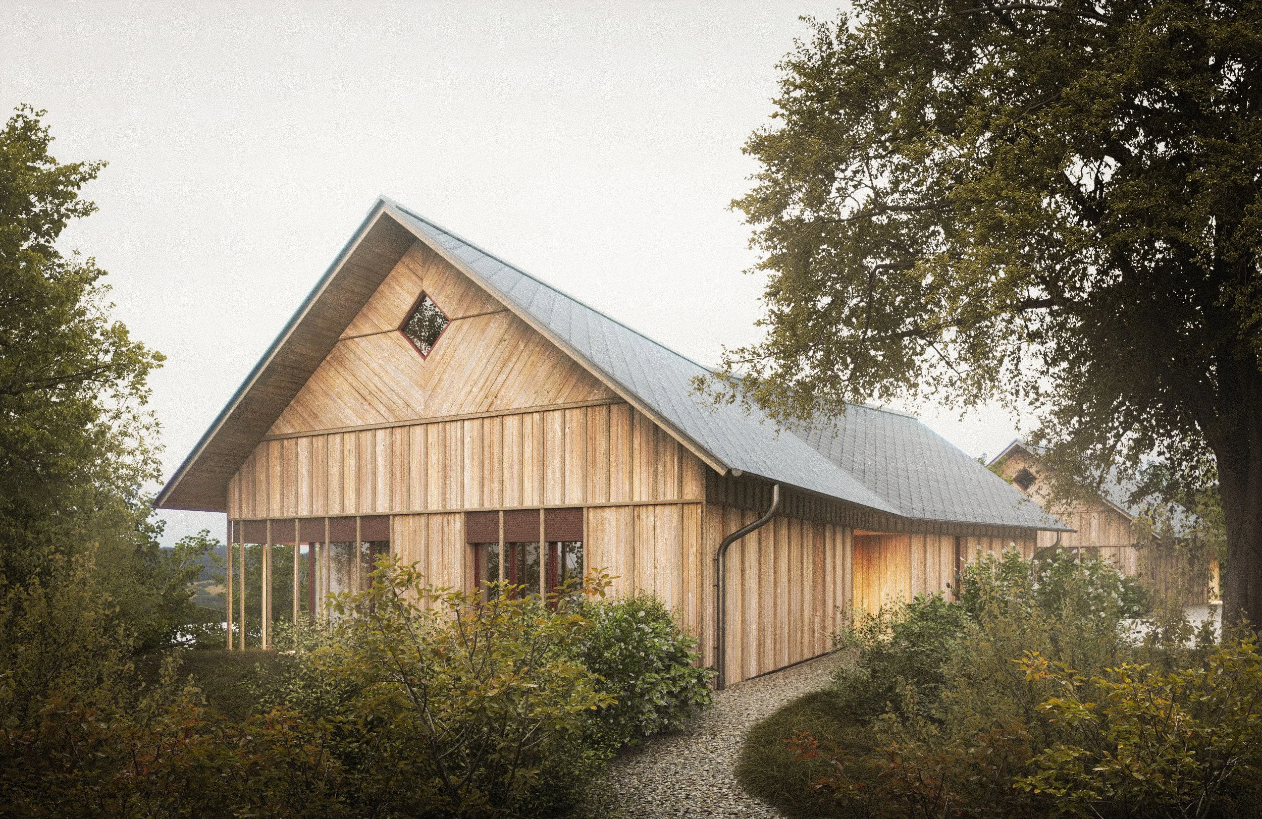 A modern wooden house with a metal roof surrounded by trees and greenery, with a gravel pathway leading to it.