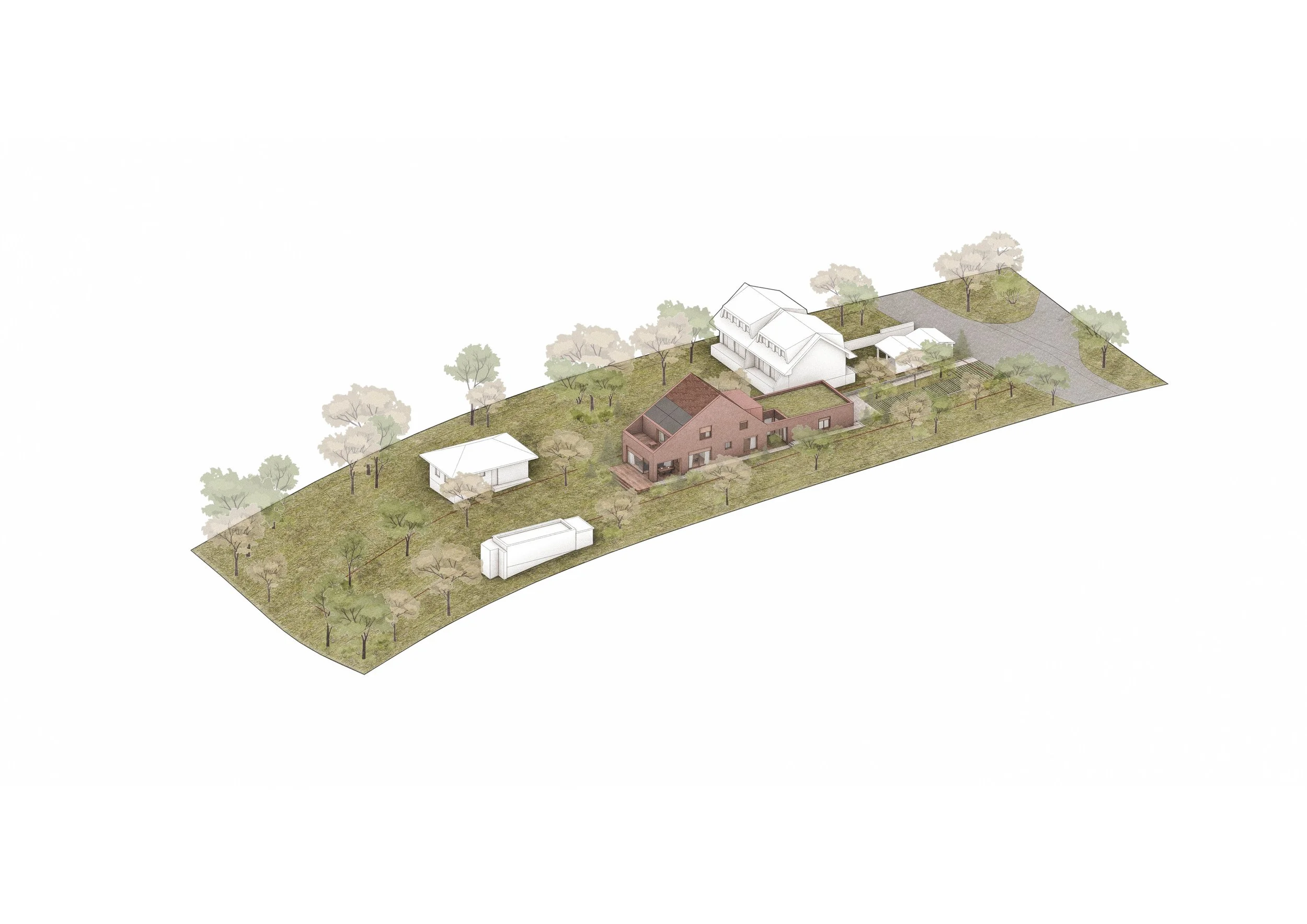 A digital rendering of a residential property layout with multiple houses, surrounding trees, and a driveway on a grassy plot.