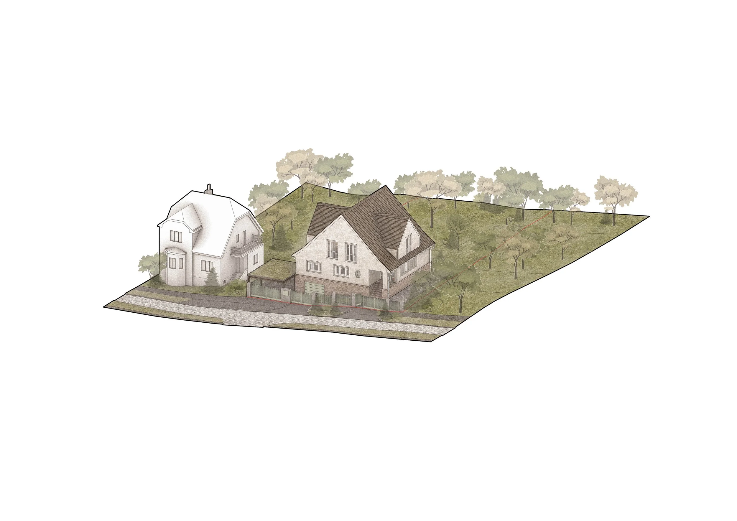 3D rendering of two house designs on a grassy plot with trees in the background.