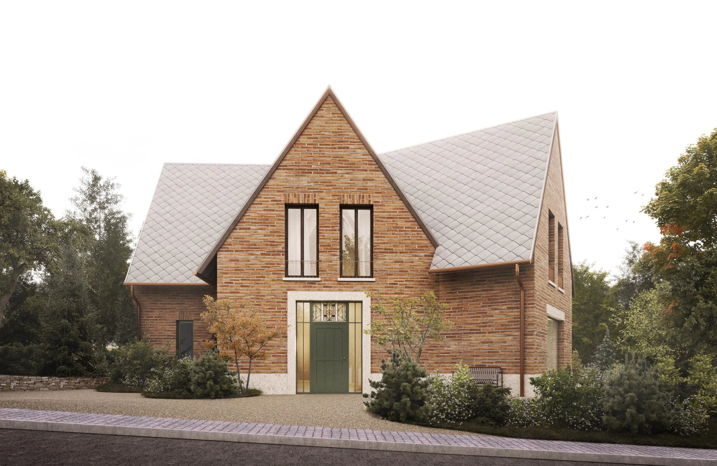 A brick house with a steep gabled roof and tall narrow windows, surrounded by trees and a landscaped yard.
