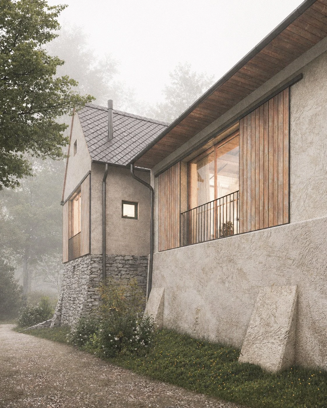 A modern house with a stone foundation and a mix of wooden and stucco walls, partially obscured by fog, with a gravel pathway and greenery in the foreground.