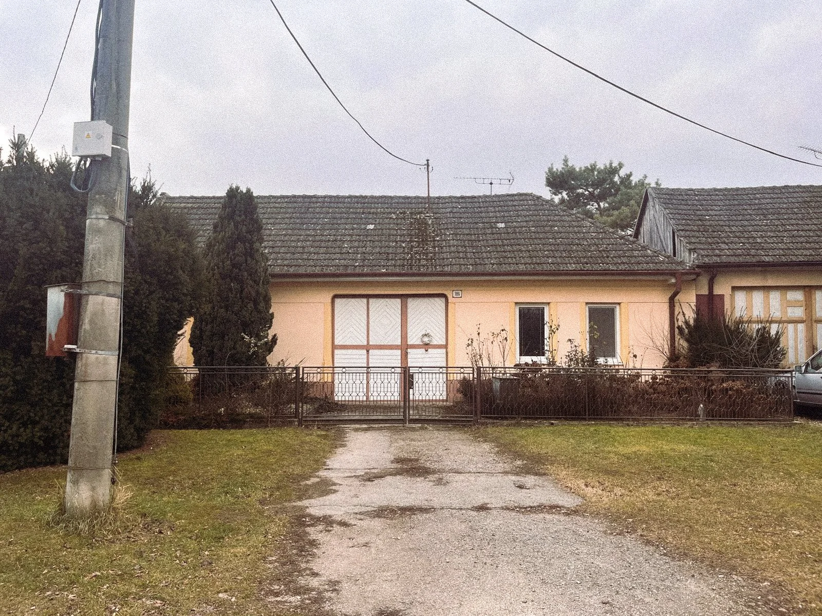 A single-story house with a pink exterior and yellow border around the doors and windows, a metal gate in front, and overgrown bushes. The driveway is unpaved, leading to the house, with an electric pole on the left.