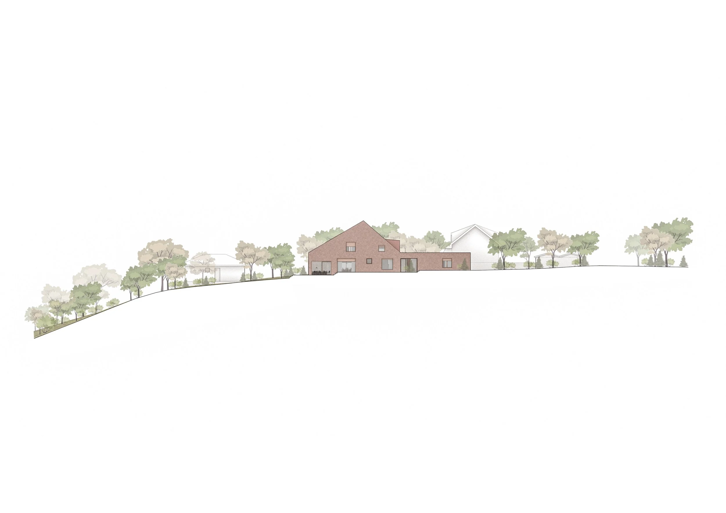 A modern house with a sloped roof, large windows, and a patio, surrounded by trees on a hillside.