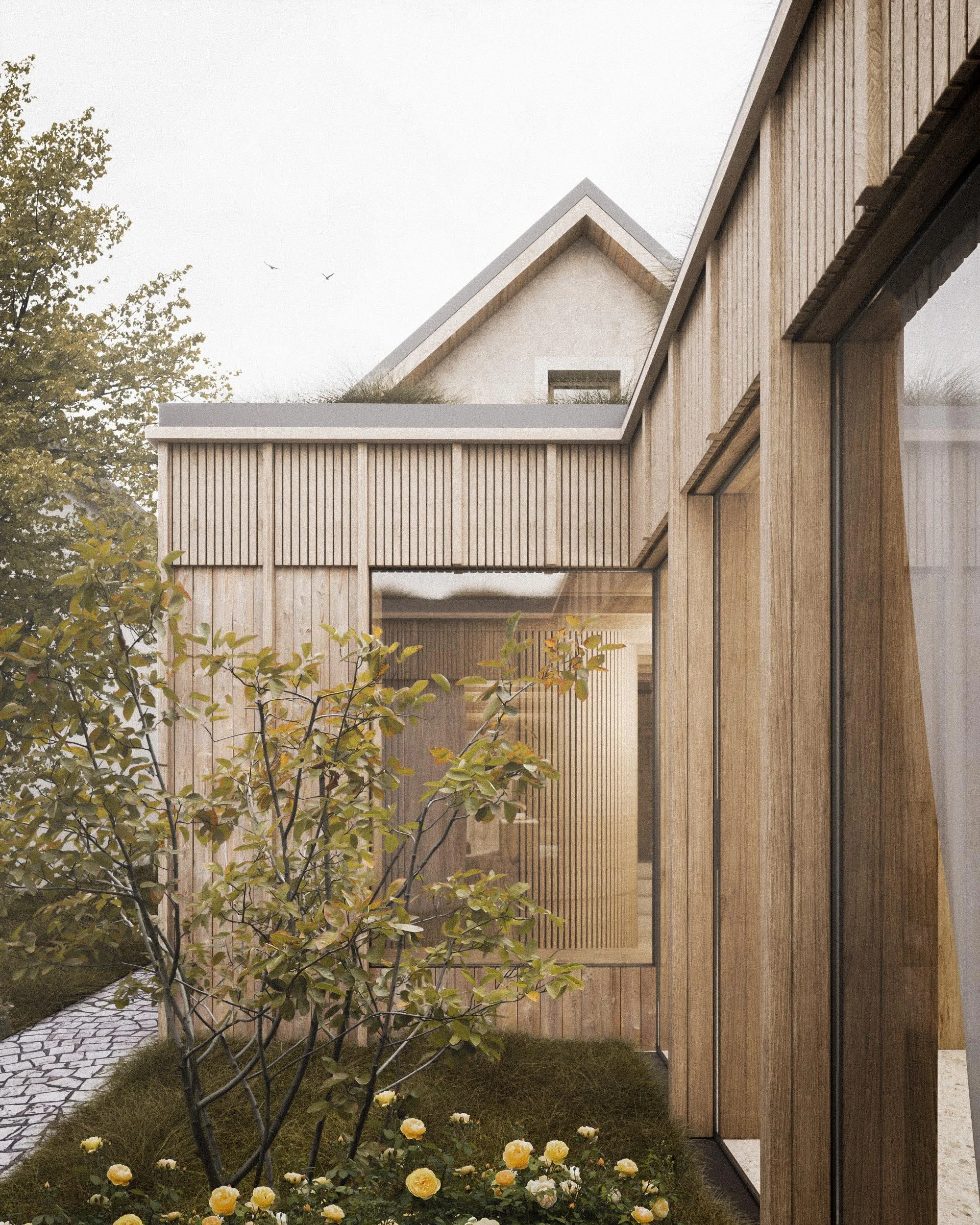 Modern house with wooden siding, large glass windows, and a landscaped garden with a tree and yellow roses in the foreground.