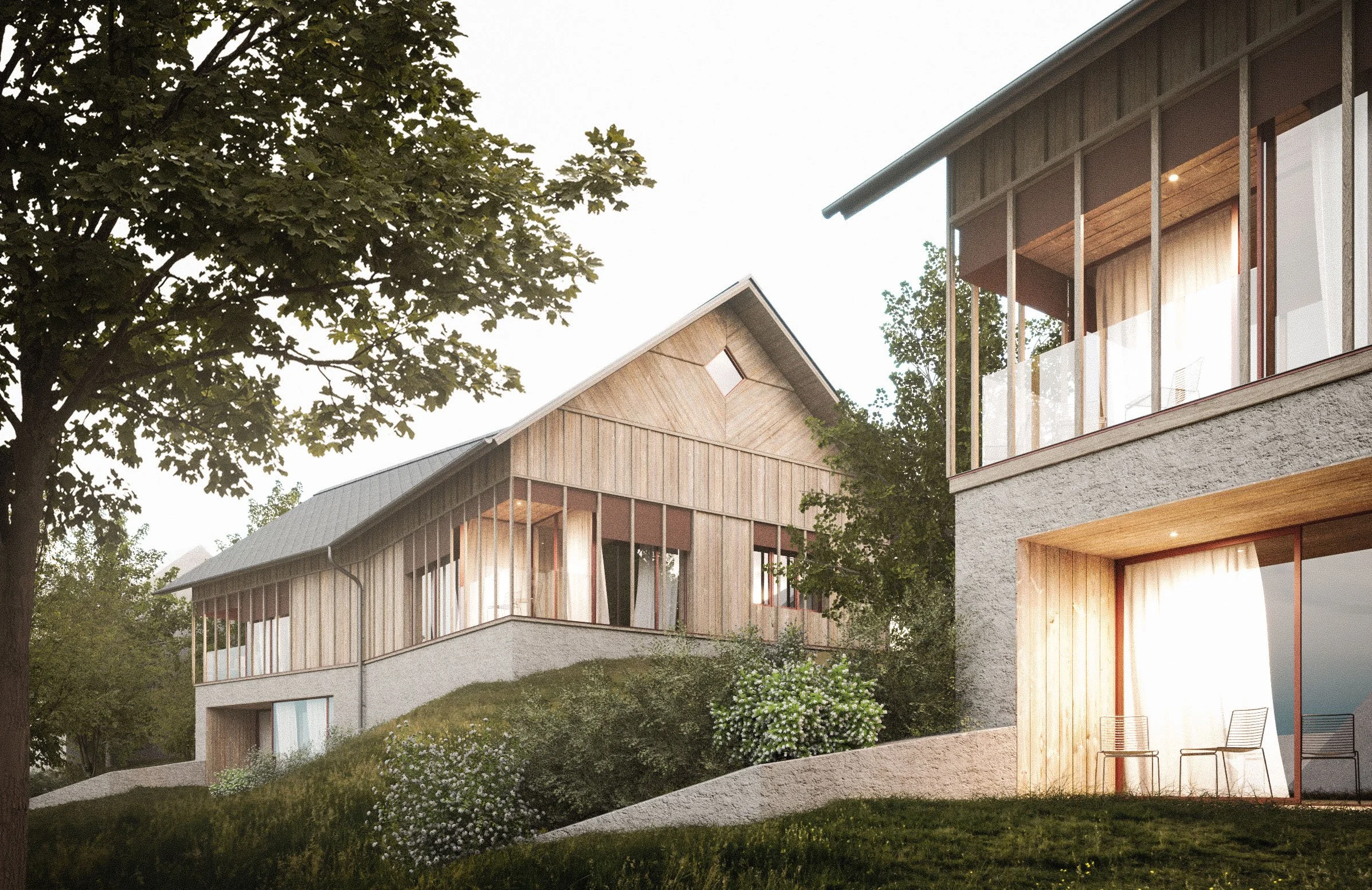 Modern multi-level houses with wooden and concrete exteriors, large windows, set on a sloped landscape with trees and greenery.