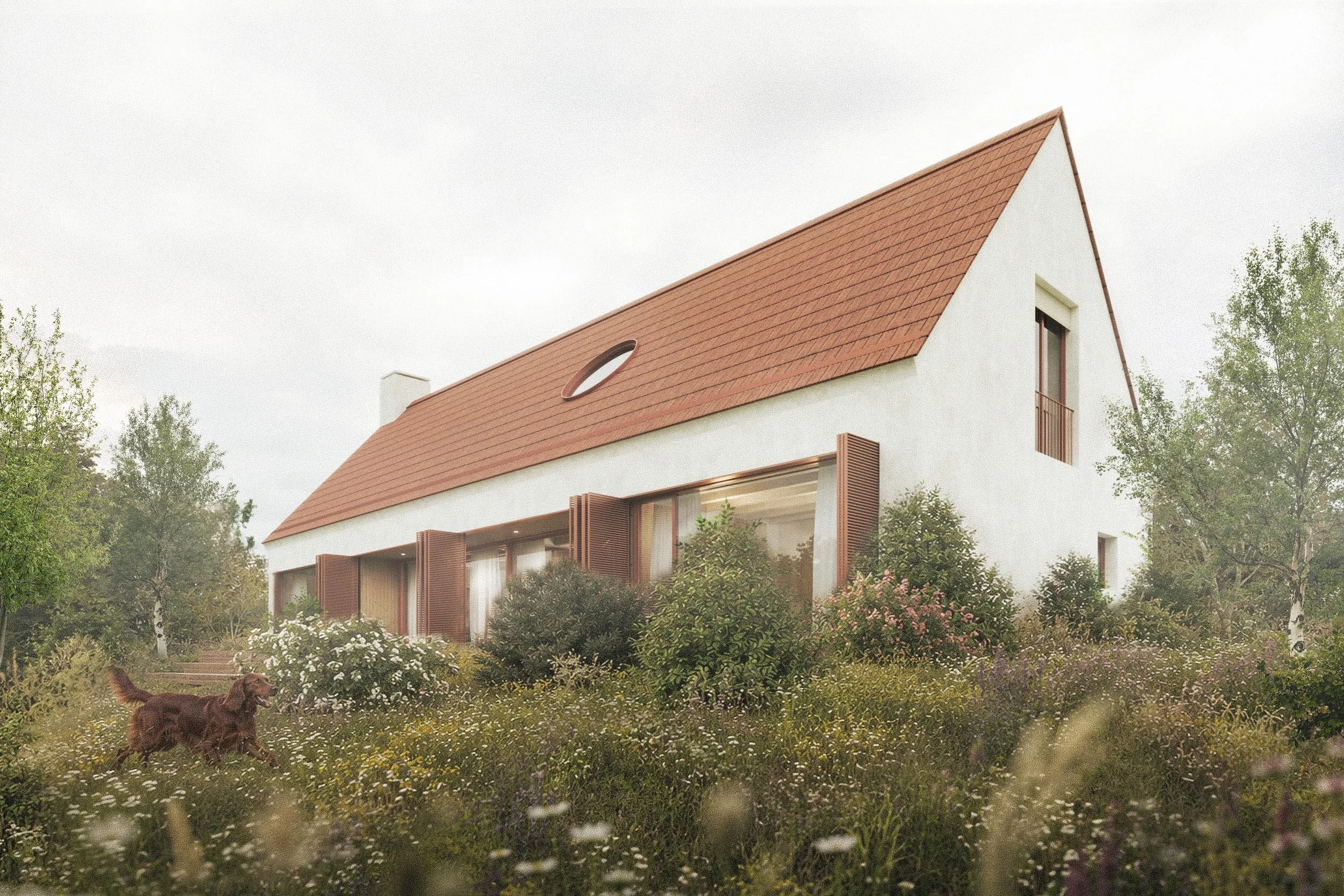Modern white house with sloped reddish-brown tile roof, surrounded by greenery and trees, with a dog playing in a flower garden in the foreground.