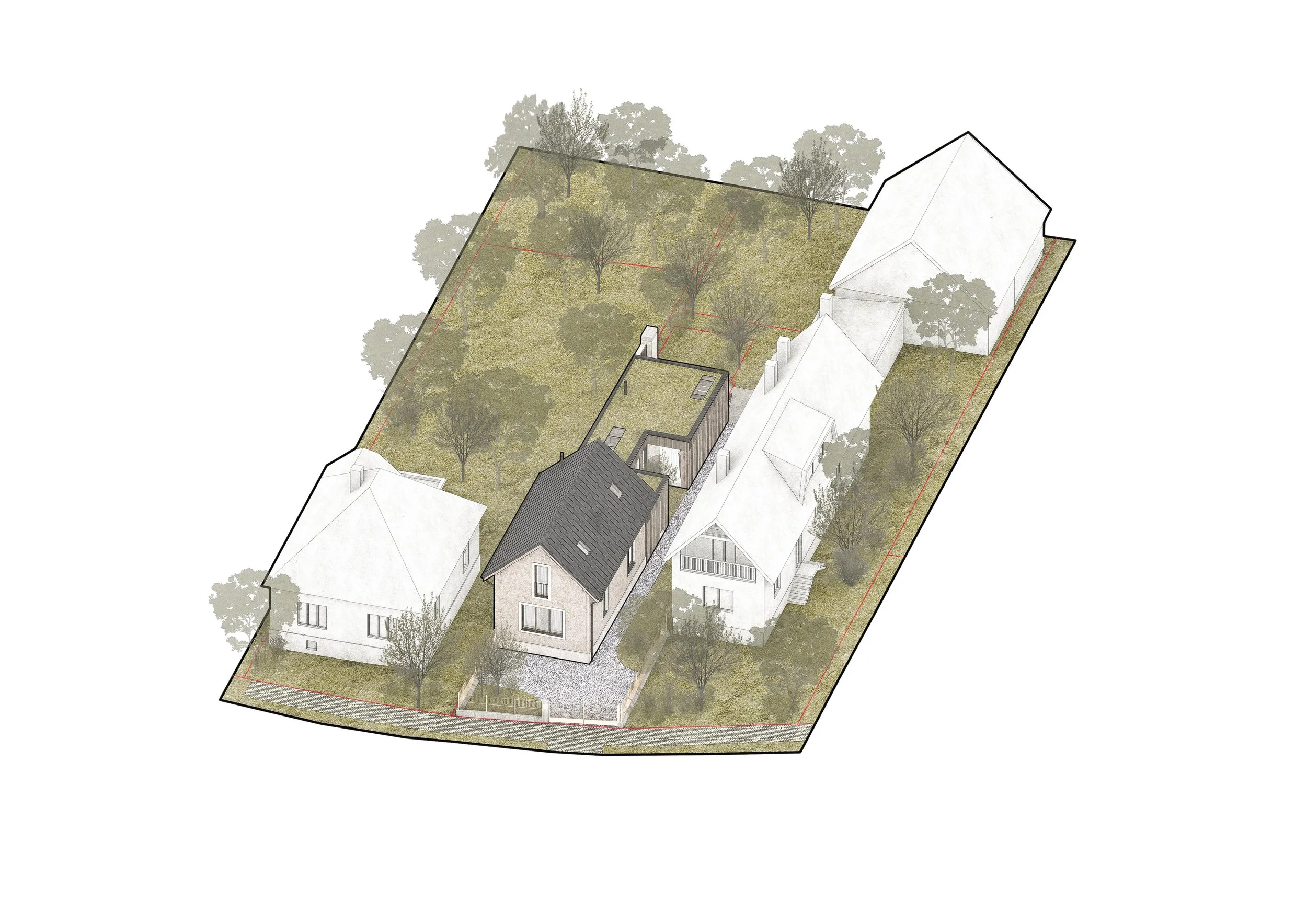 A 3D architectural rendering of a backyard with trees, a house, and a lawn.