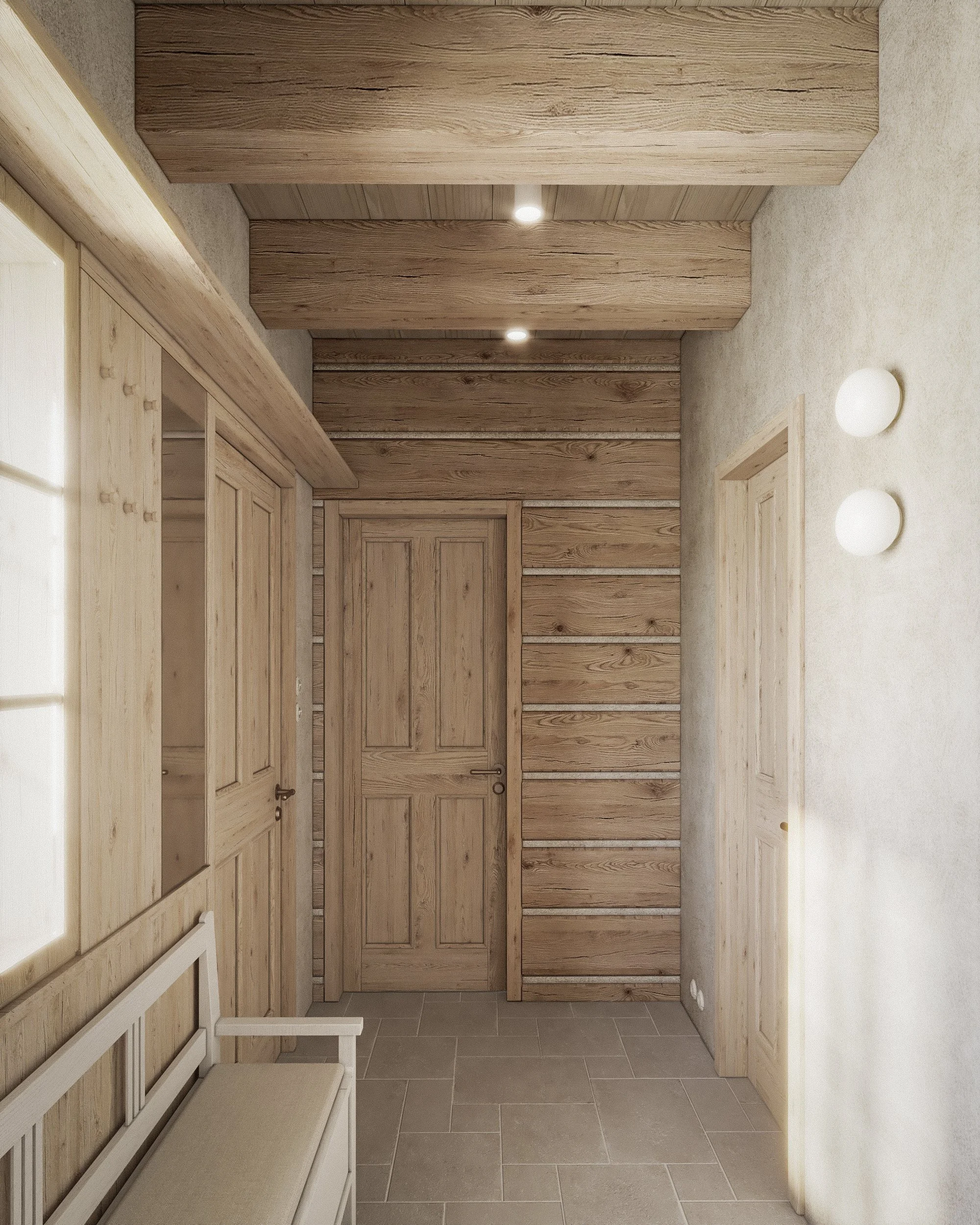 A hallway with light-colored wooden ceiling and walls, tiled beige flooring, a white bench on the left, a door at the end, and round wall lights.