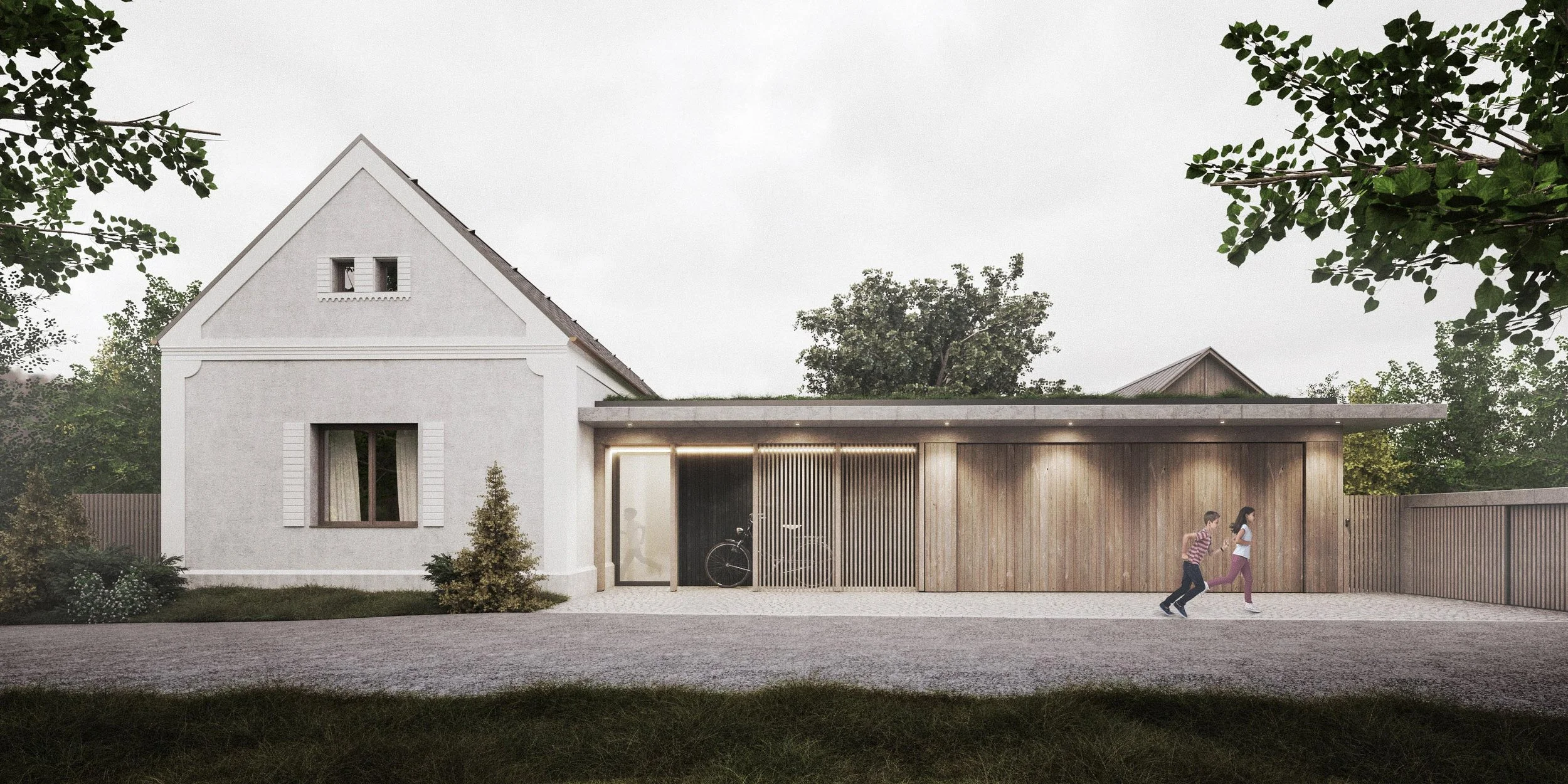 Modern house with a white main structure and a wooden section, trees surrounding it, children running on the pathway in front.