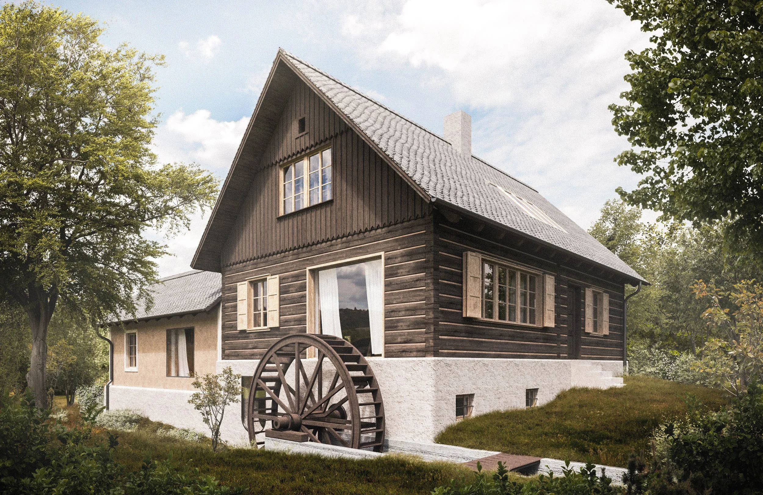 A two-story house with a steeply pitched roof, dark wooden exterior, and multiple windows. There is a wooden wagon wheel in front of the house and trees surrounding the property. The sky is cloudy with some blue sky visible.