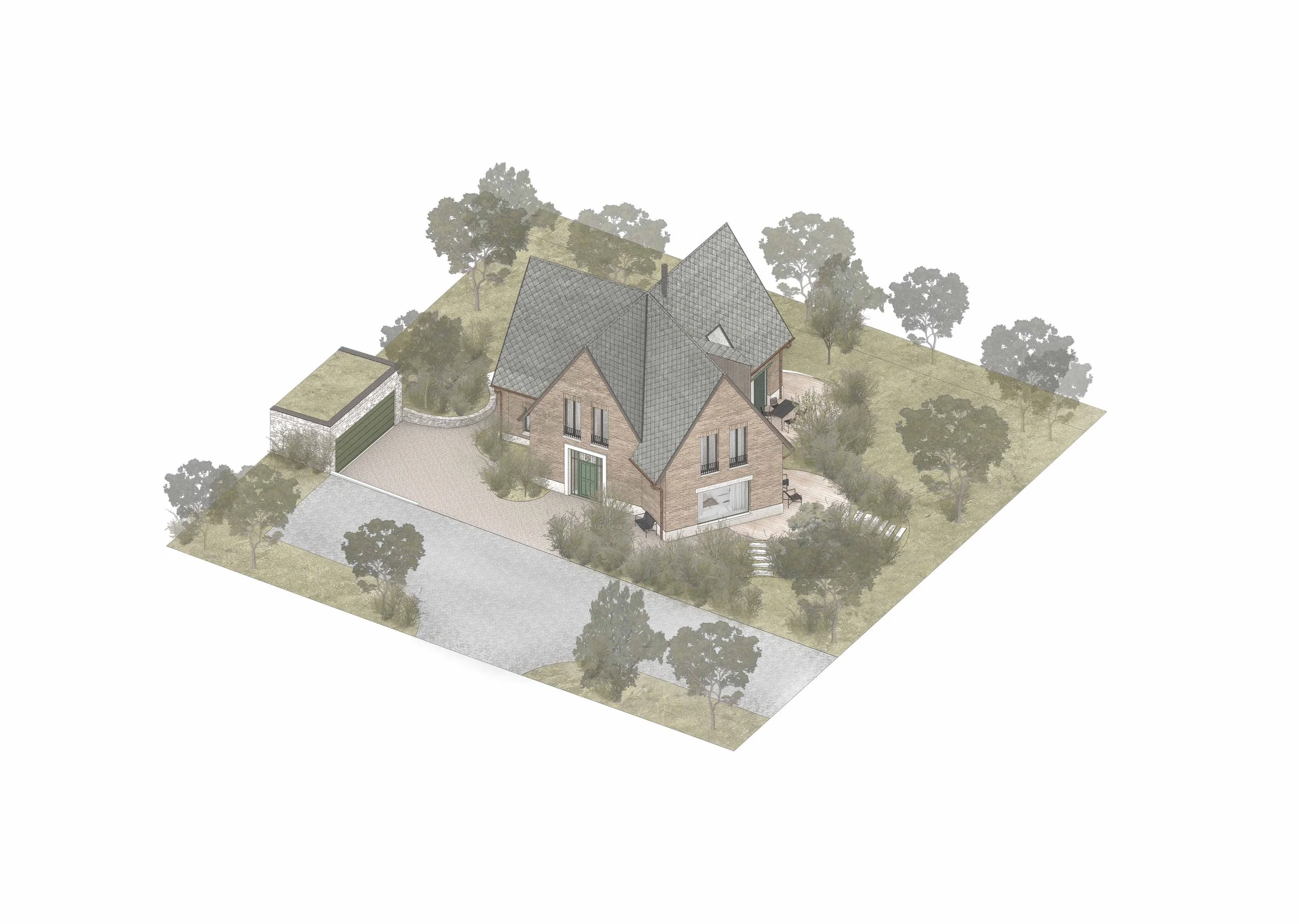 A 3D model of a two-story house with a gabled roof, surrounded by trees and a driveway leading to a garage, set on a plot of land with landscaping.