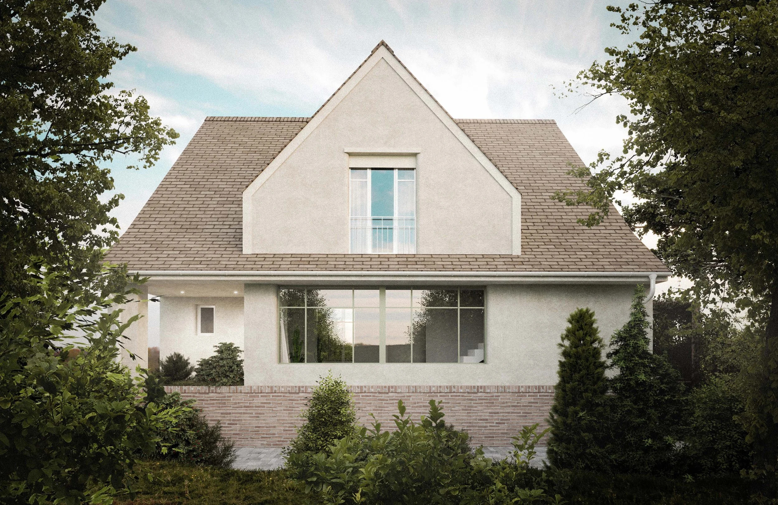 Front view of a modern two-story house with a sloped roof, large floor-to-ceiling windows in the living room, a small balcony on the upper floor, surrounded by greenery and trees.