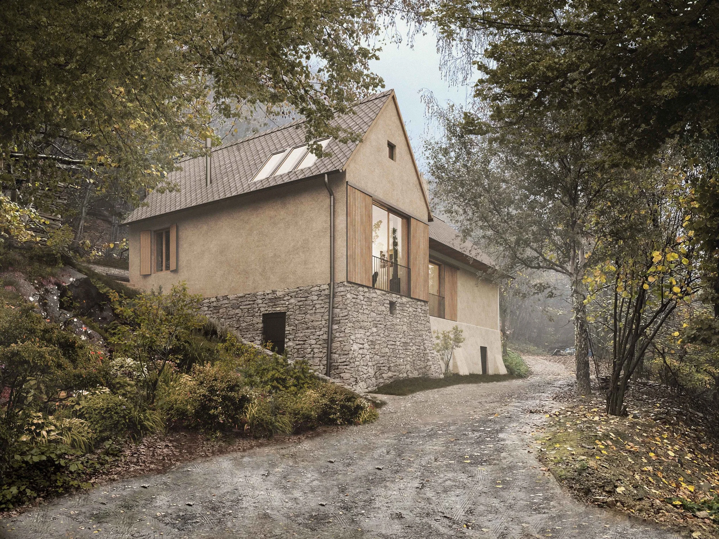 A modern house with large windows and a sloped roof surrounded by trees and a gravel pathway.