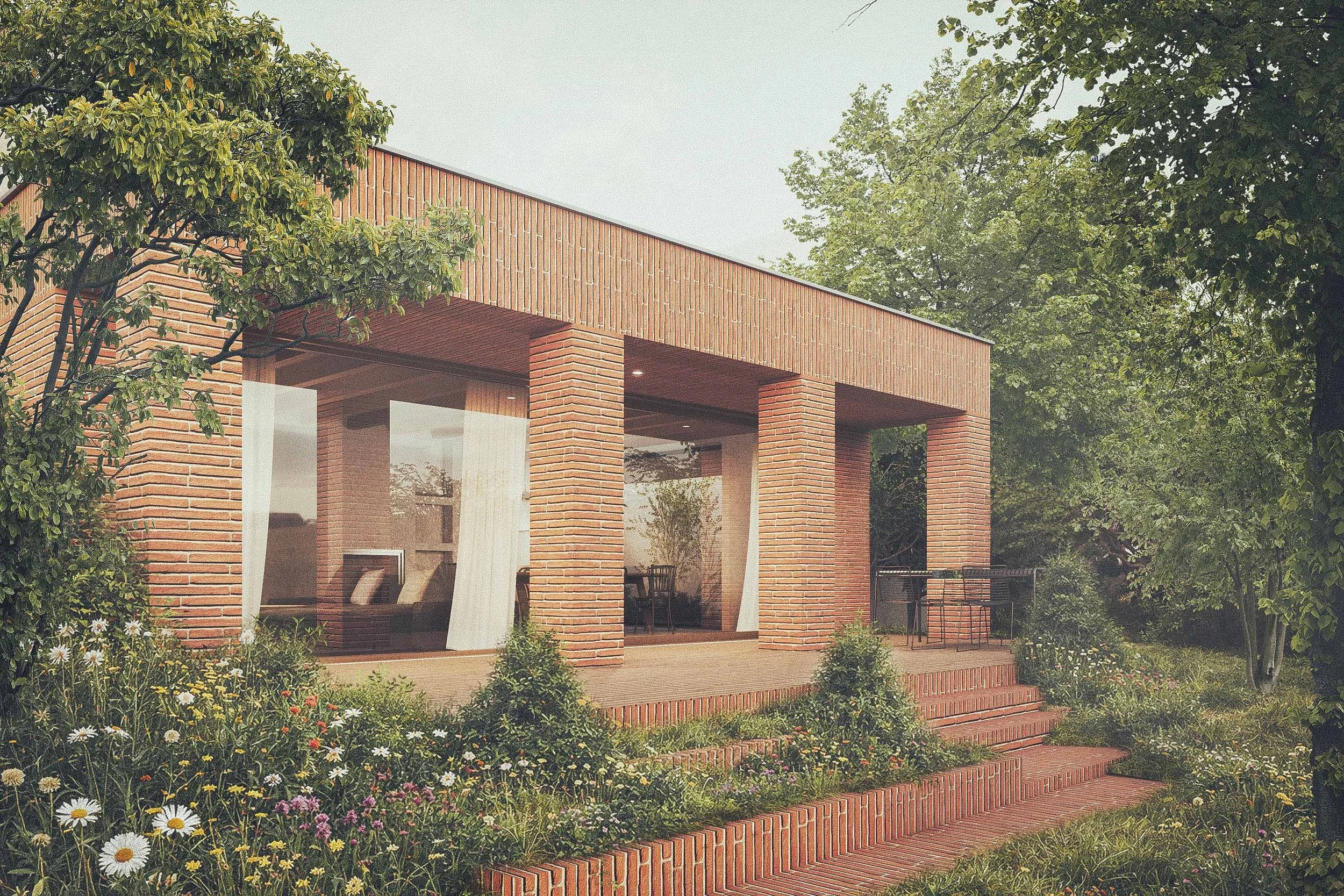 Modern house with large glass windows, brick exterior, and a garden with flowers and trees.