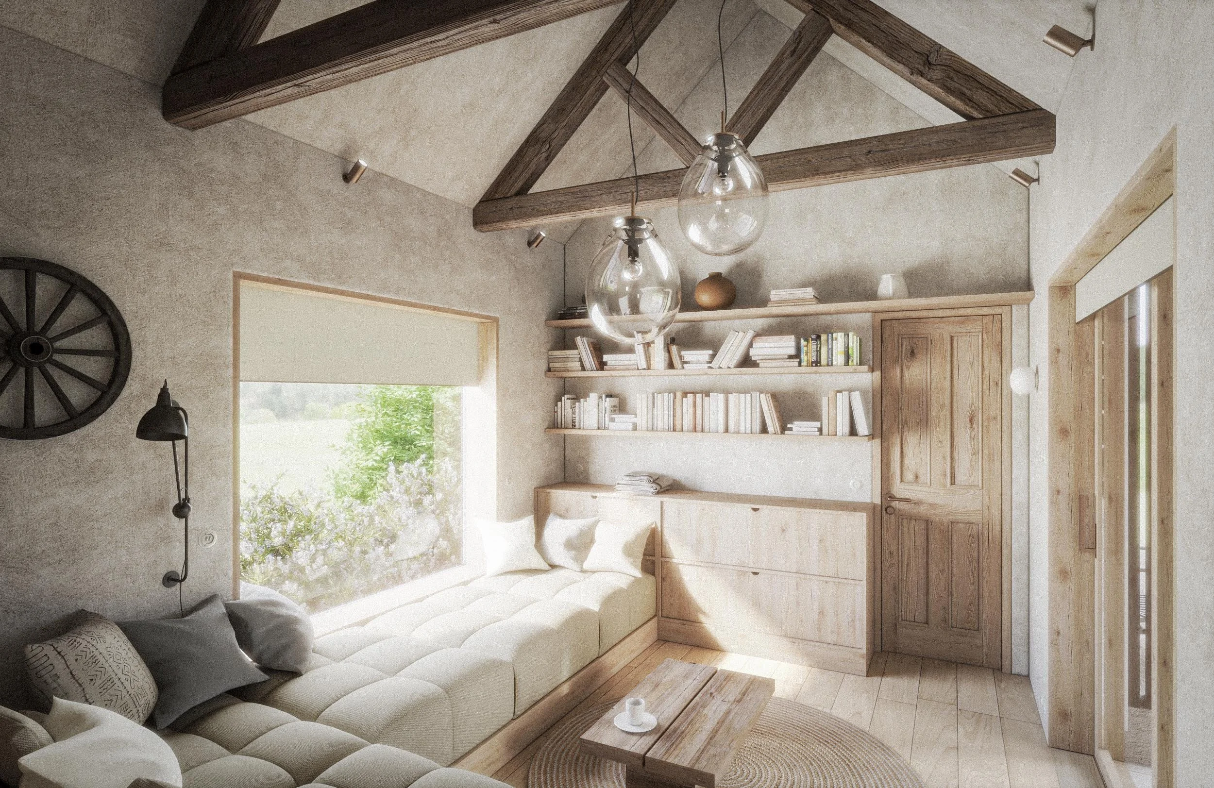 Interior of a rustic living room with a wood-beamed ceiling, a large window with a view of greenery, a white sofa with patterned pillows, a wooden coffee table, and built-in wooden shelves filled with books and decorative items.