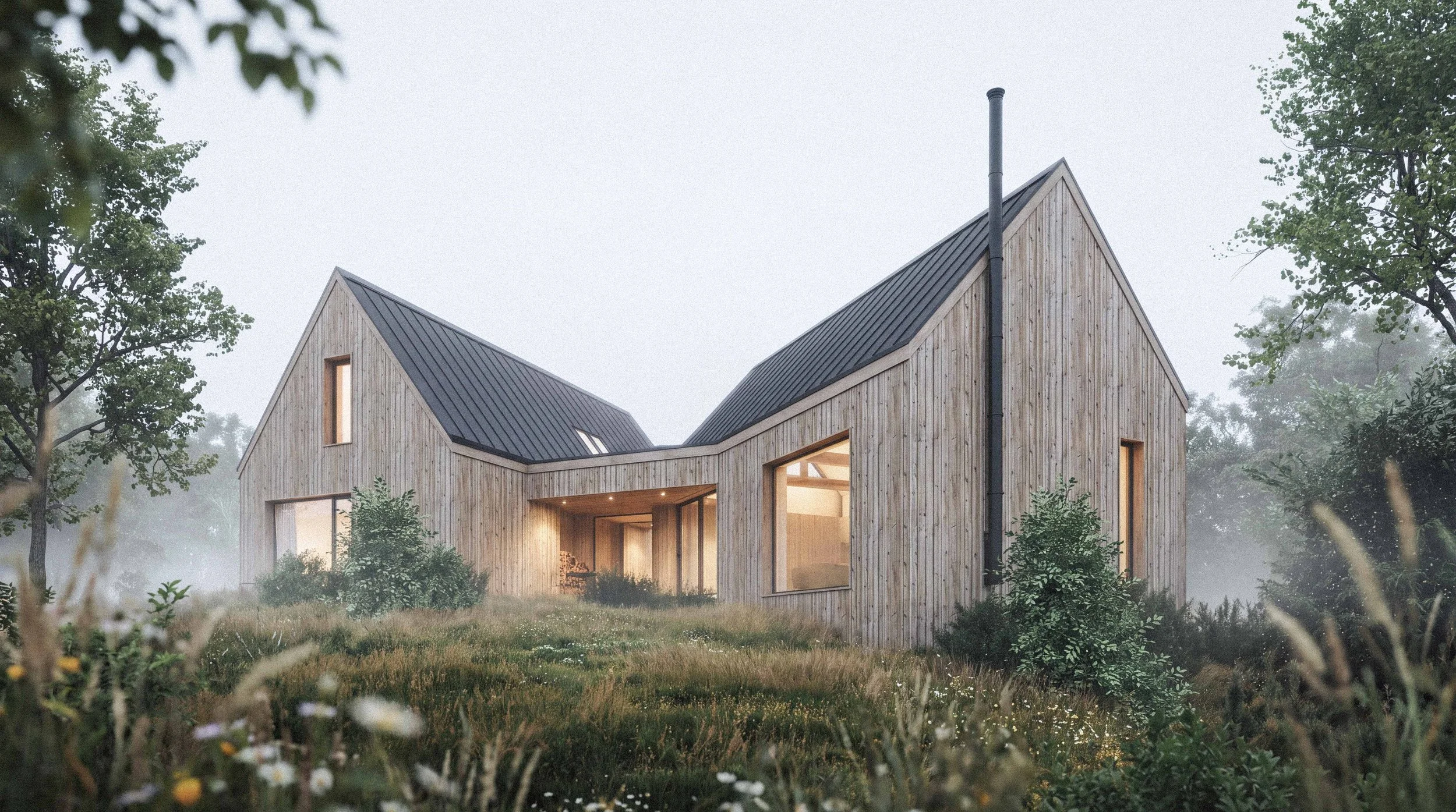 Modern wooden house with a sloped metal roof, large windows, and an open interior space, surrounded by trees and greenery on a misty day.