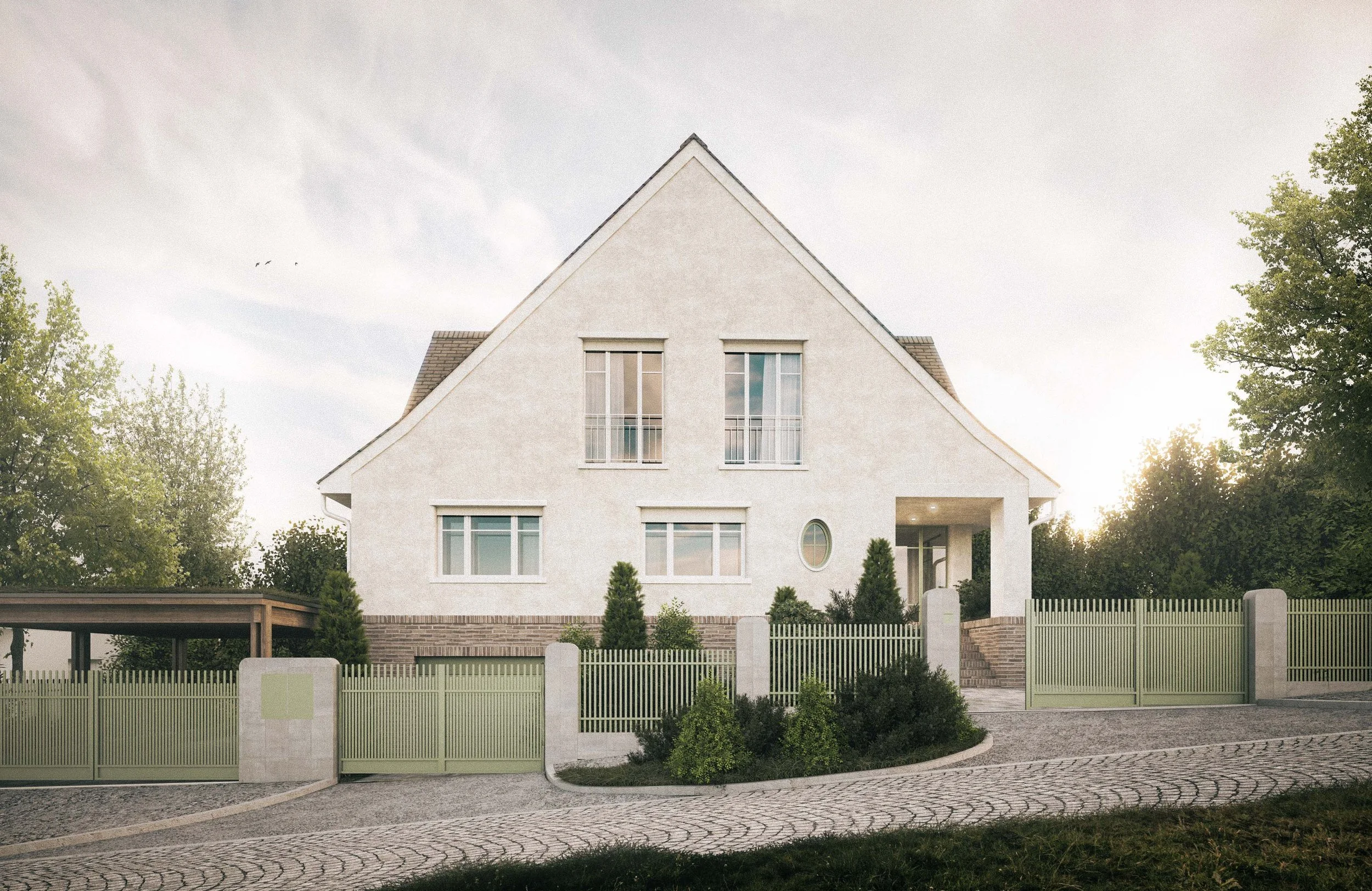 A modern white house with a steep gable roof, two floors, large windows, surrounded by green trees and a white fence, with a paved driveway in the foreground.
