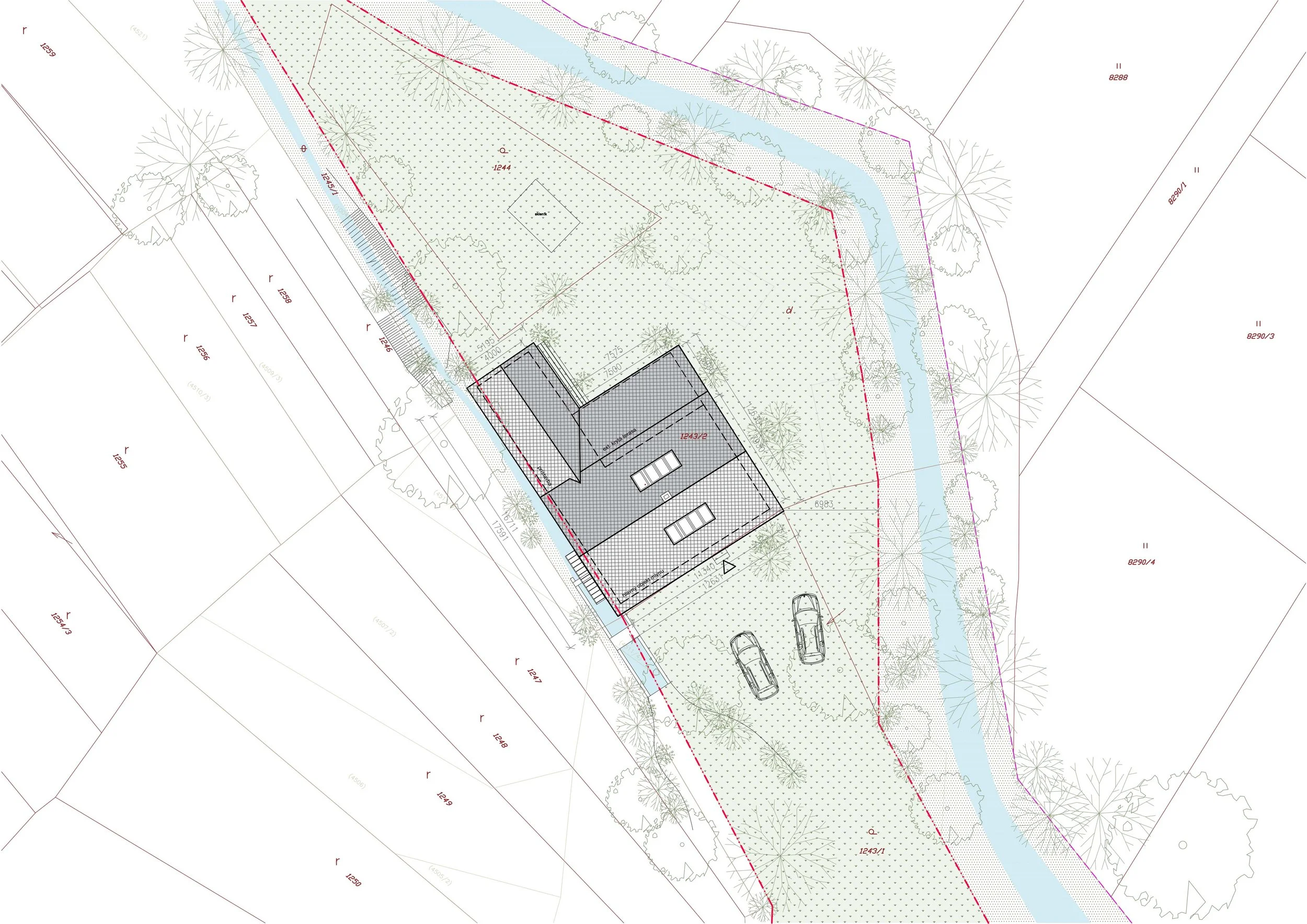 A detailed architectural or construction site plan showing landscaping, trees, water bodies, and building structures with measurements and annotations.