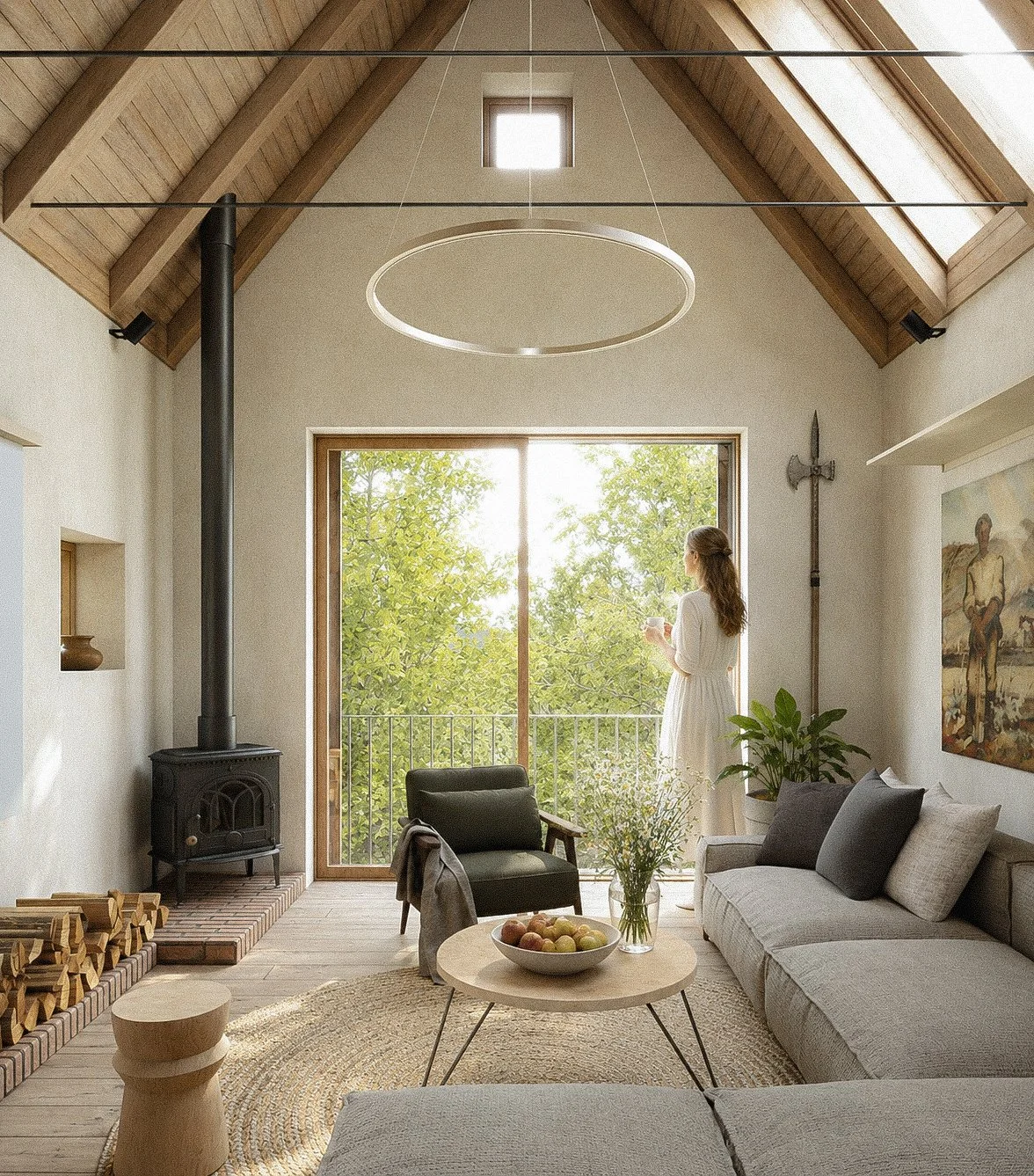 A woman standing by a large window on a balcony, holding a cup, with green trees visible outside. Inside the room, there is a gray sofa with cushions, a black armchair with a blanket, a round coffee table with a bowl of fruit and a vase of flowers, a wood stove, and a decorative sword on the wall. The room has a high, wooden vaulted ceiling with skylights and modern lighting fixtures.