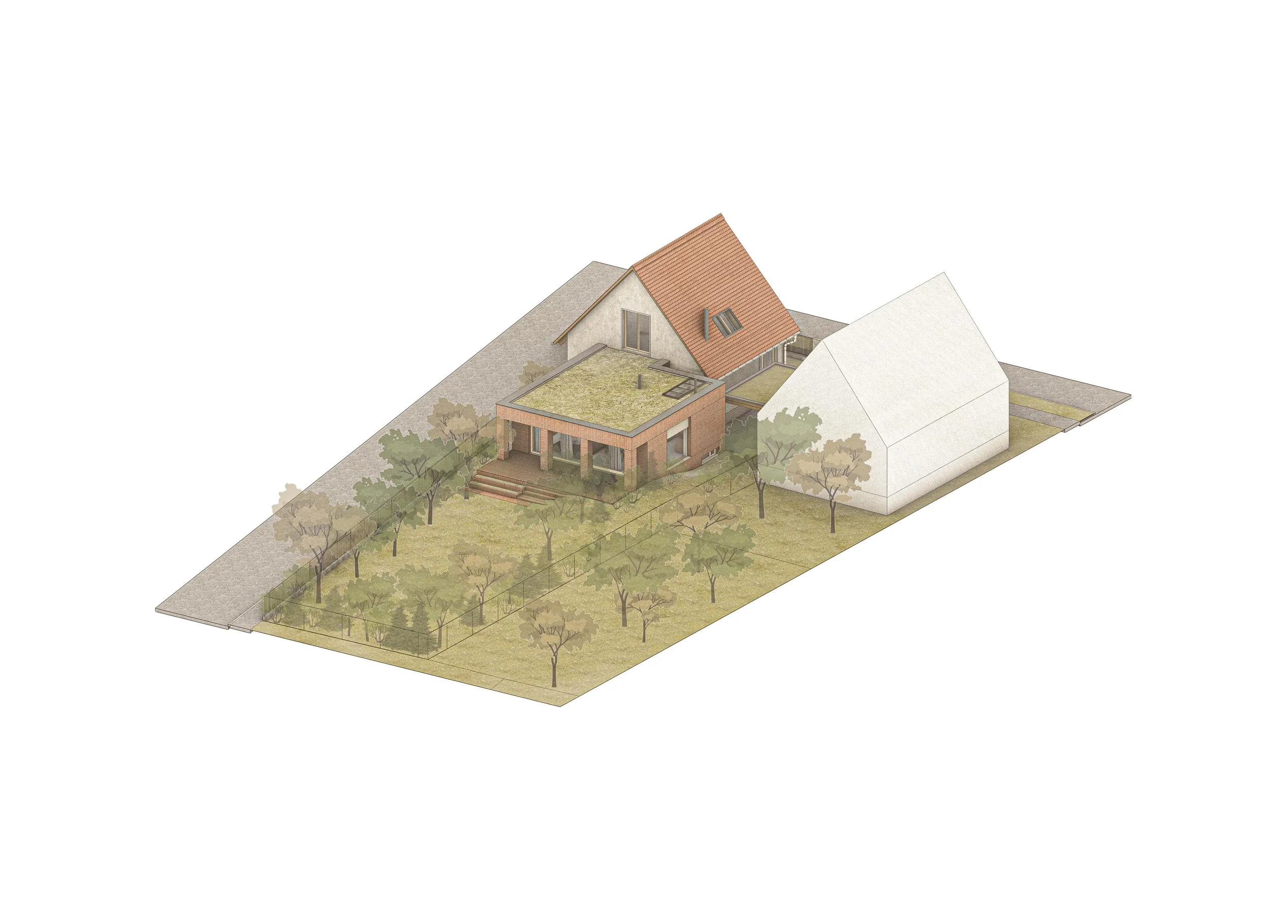 A 3D model of a modern residential building with a rooftop garden, located on a large plot of land with trees and surrounding sidewalks.