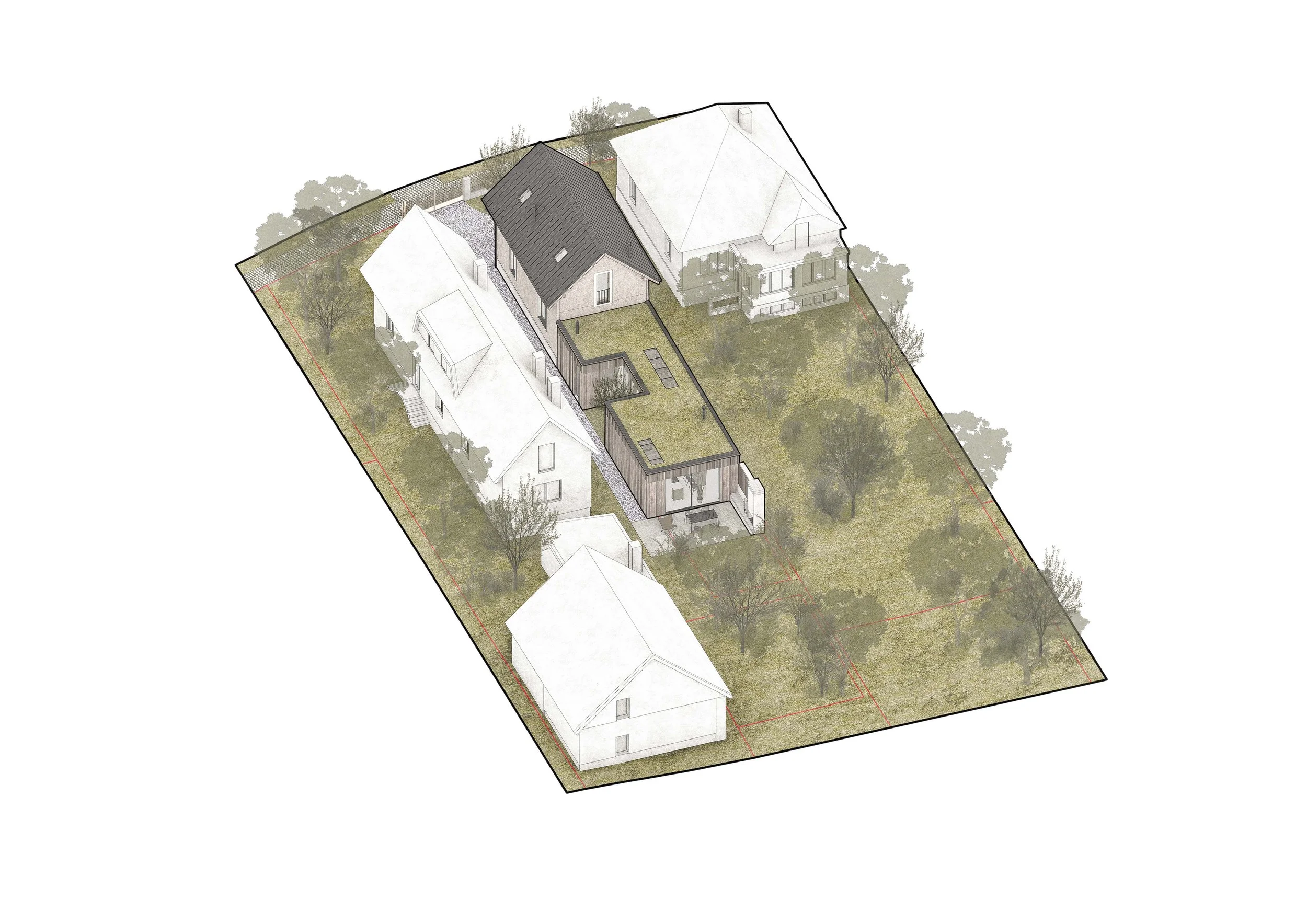 A digital architectural rendering of a residential property showing a backyard with trees and a house with a dark roof, adjacent to neighboring houses in a suburban setting.
