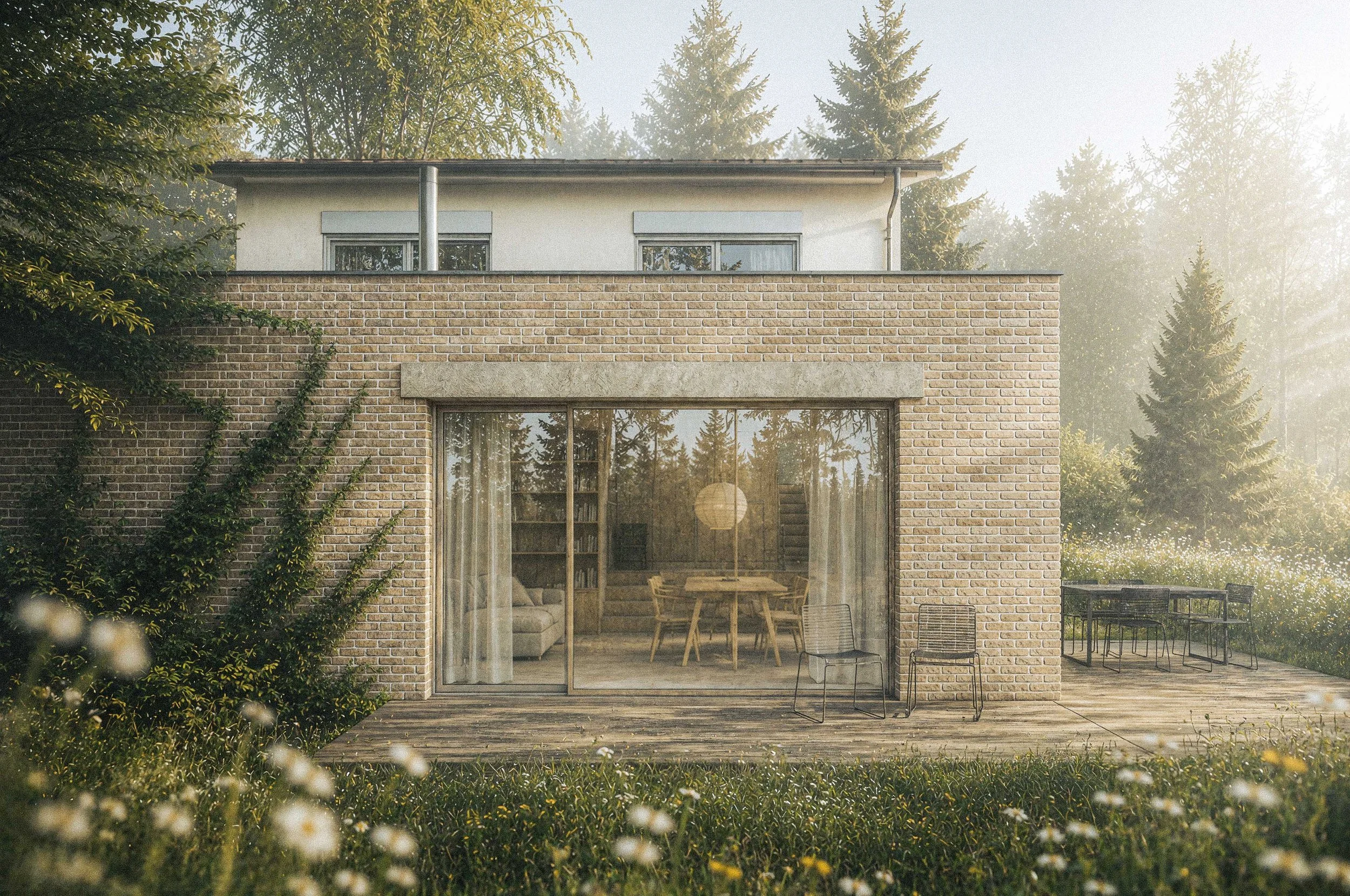 A modern house with a brick exterior and large glass sliding doors, surrounded by greenery and trees, with outdoor furniture on a wooden deck.